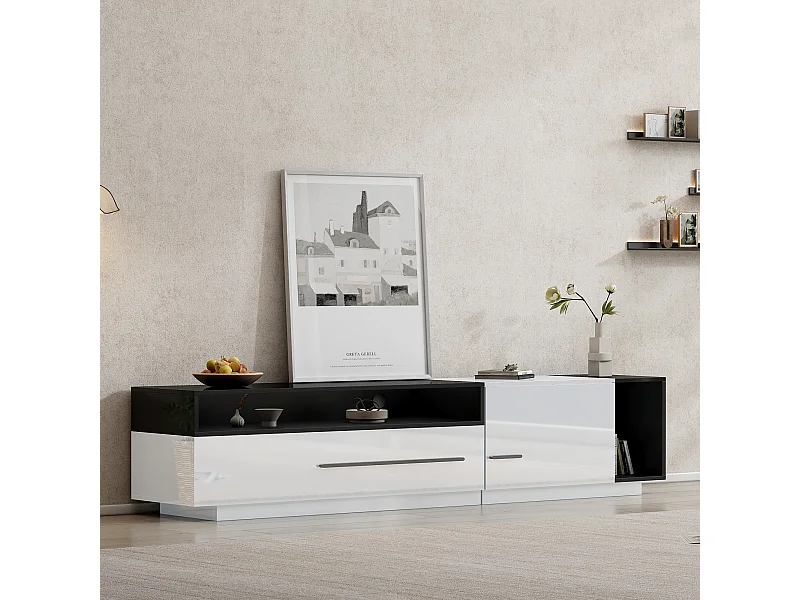 Meuble TV haut de gamme avec tiroir et porte, design moderne, noir et blanc, pour TV jusqu'à 70 pouces (170x38x42.3 cm)