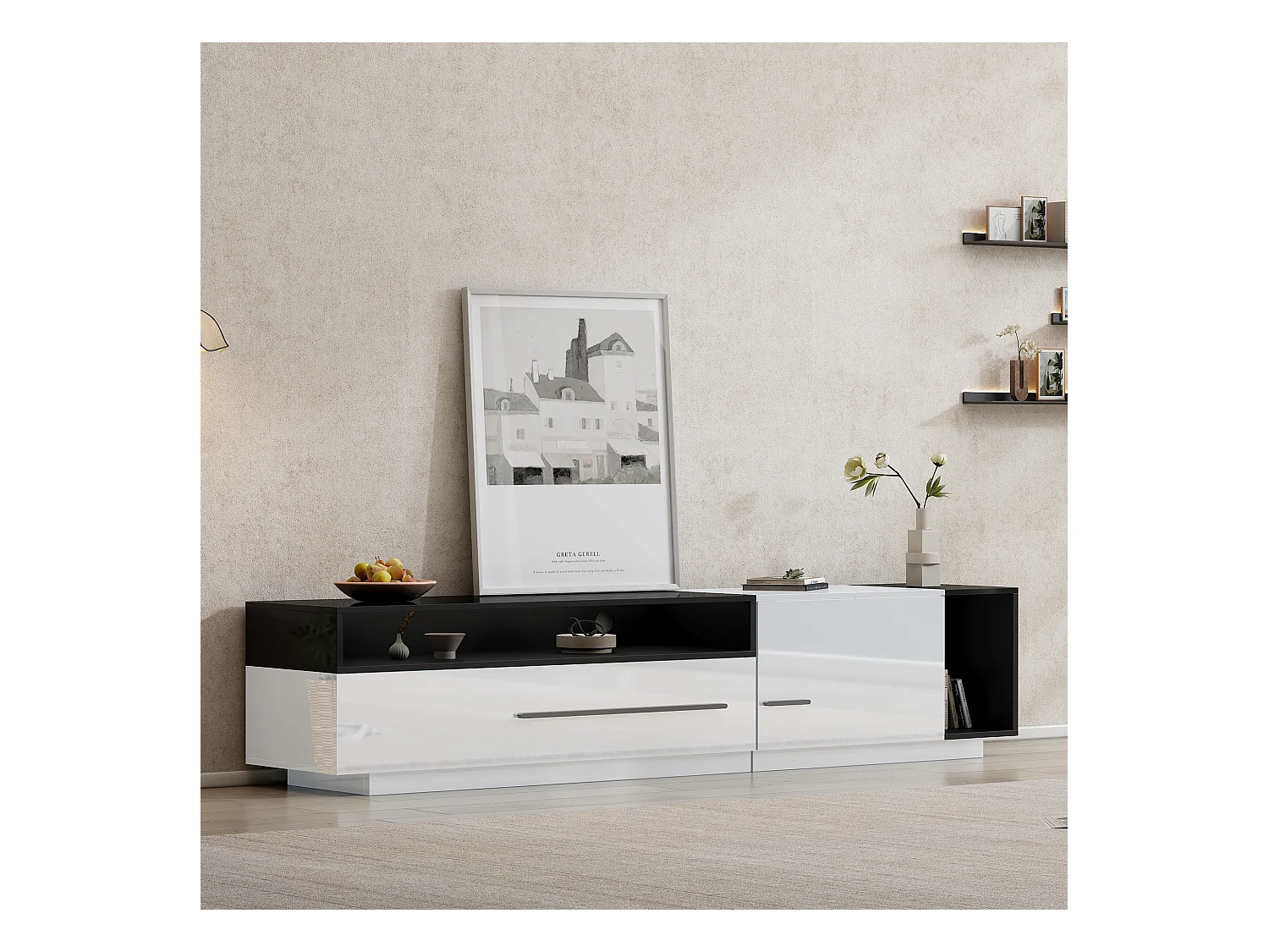 Meuble TV haut de gamme avec tiroir et porte, design moderne, noir et blanc, pour TV jusqu'à 70 pouces (170x38x42.3 cm)