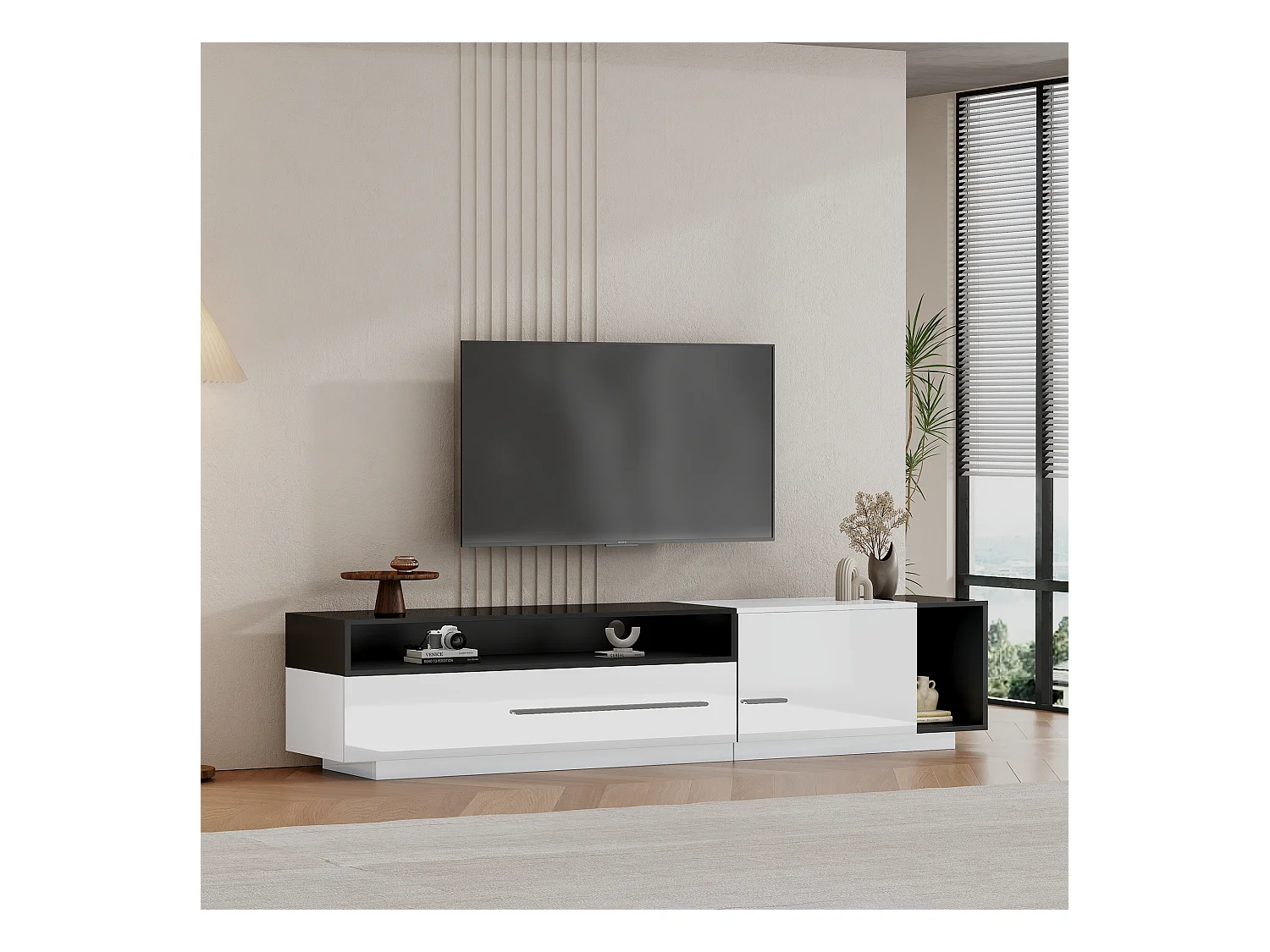 Meuble TV haut de gamme avec tiroir et porte, design moderne, noir et blanc, pour TV jusqu'à 70 pouces (170x38x42.3 cm)
