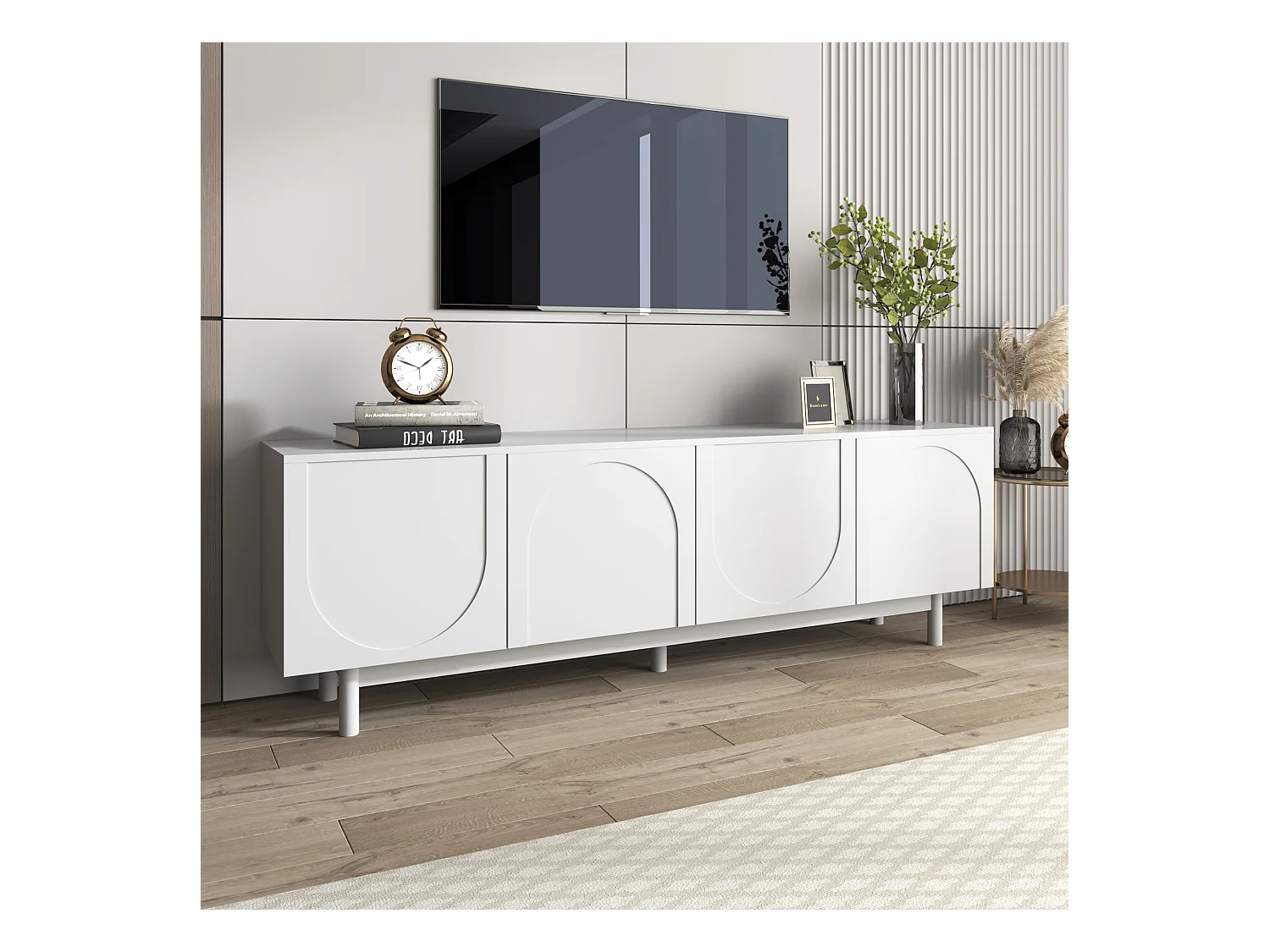 Meuble TV Blanc Moderne, Étagères Ajustables, Design Élégant, MDF (175x38x56cm)