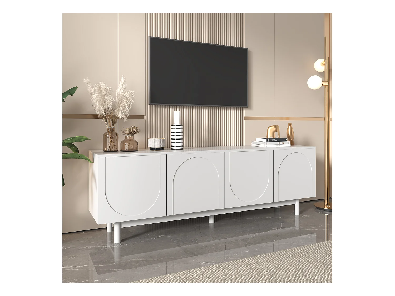 Meuble TV Blanc Moderne, Étagères Ajustables, Design Élégant, MDF (175x38x56cm)
