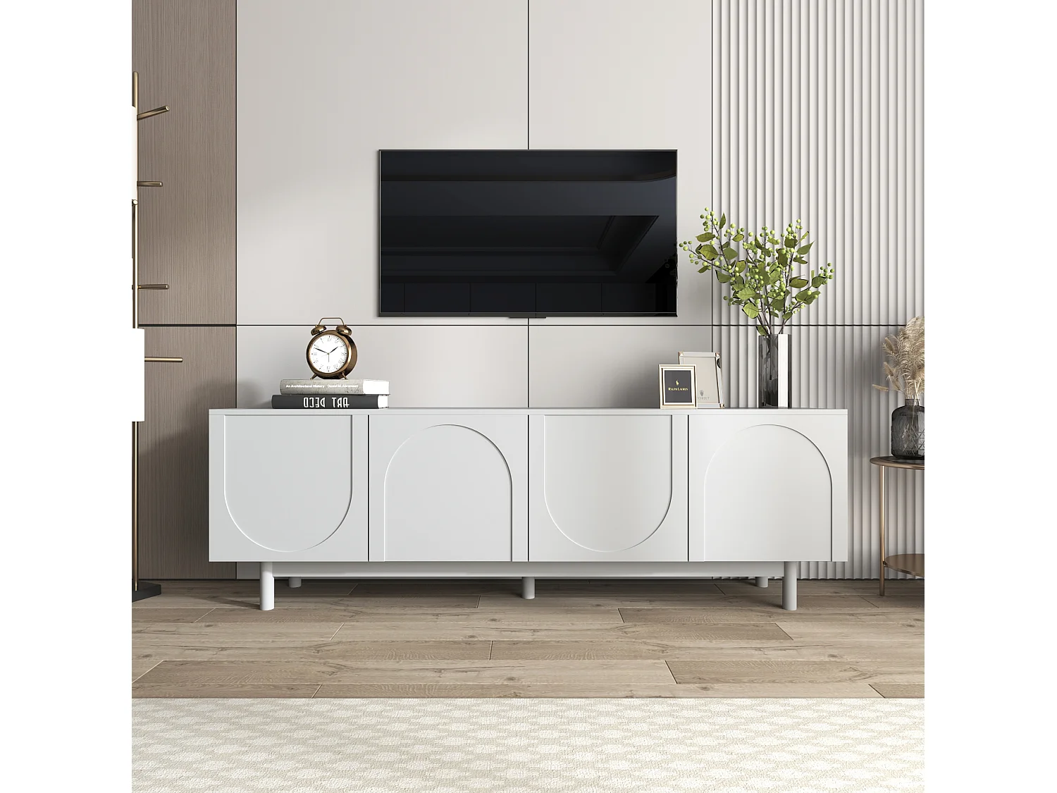 Meuble TV Blanc Moderne, Étagères Ajustables, Design Élégant, MDF (175x38x56cm)