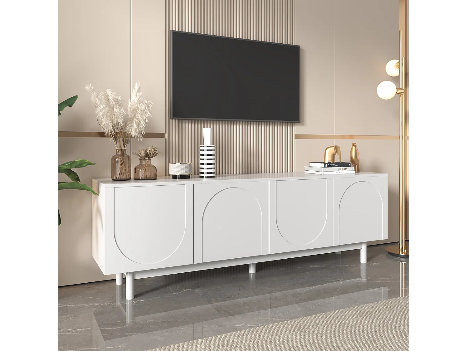 Meuble TV Blanc Moderne, Étagères Ajustables, Design Élégant, MDF (175x38x56cm)