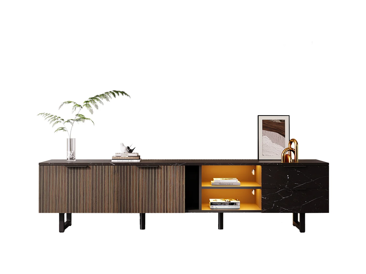 Meuble TV Noir Marmoréen avec Éclairage LED et Rangement, 2 Portes, 2 Tiroirs, MDF (200x38x50cm)