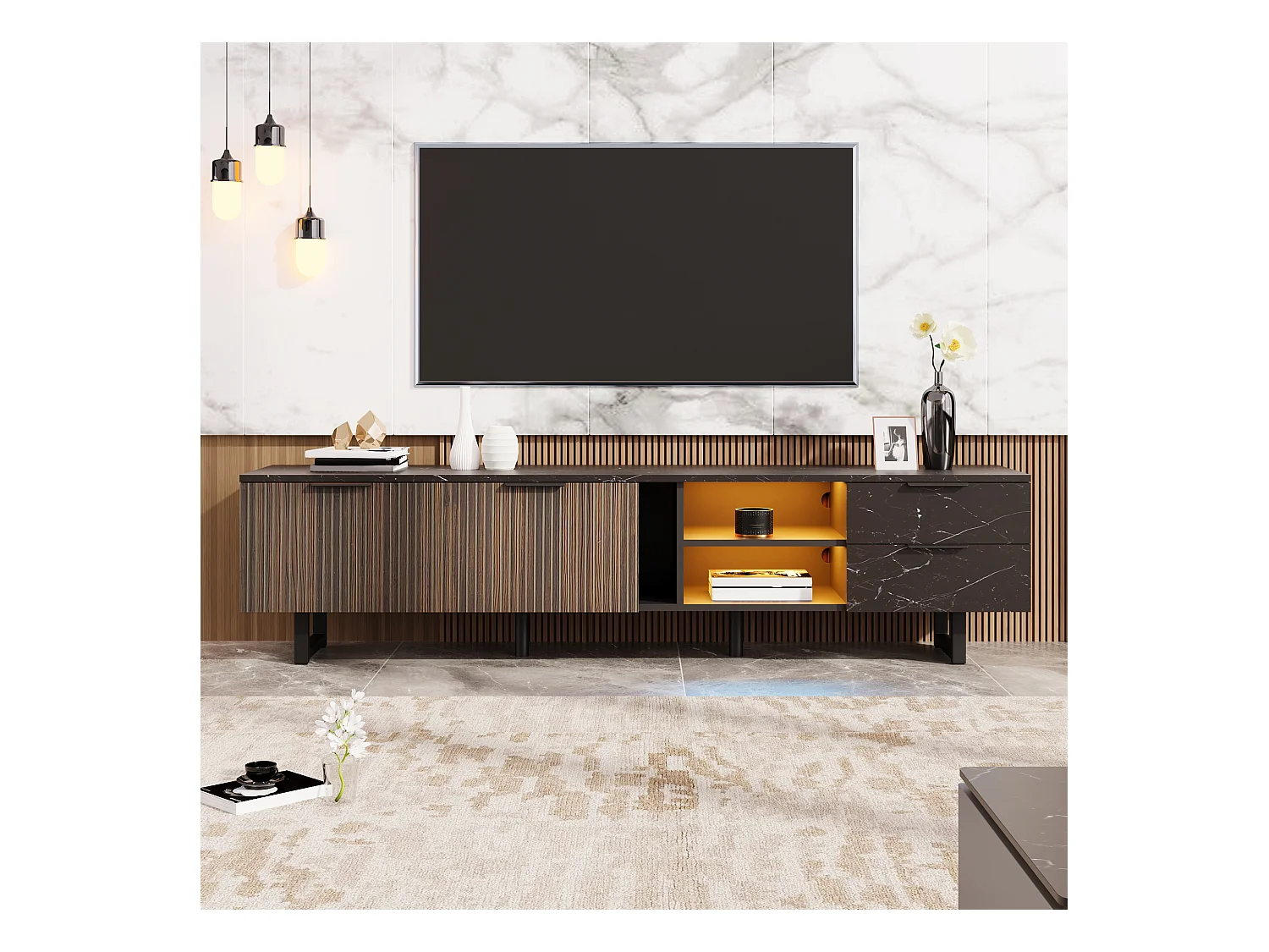 Meuble TV Noir Marmoréen avec Éclairage LED et Rangement, 2 Portes, 2 Tiroirs, MDF (200x38x50cm)