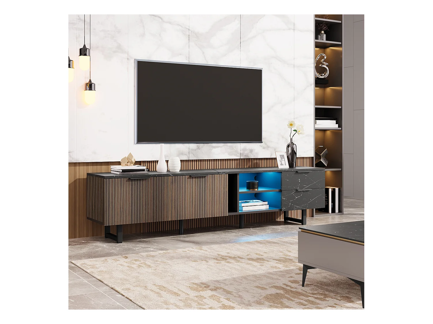 Meuble TV Noir Marmoréen avec Éclairage LED et Rangement, 2 Portes, 2 Tiroirs, MDF (200x38x50cm)