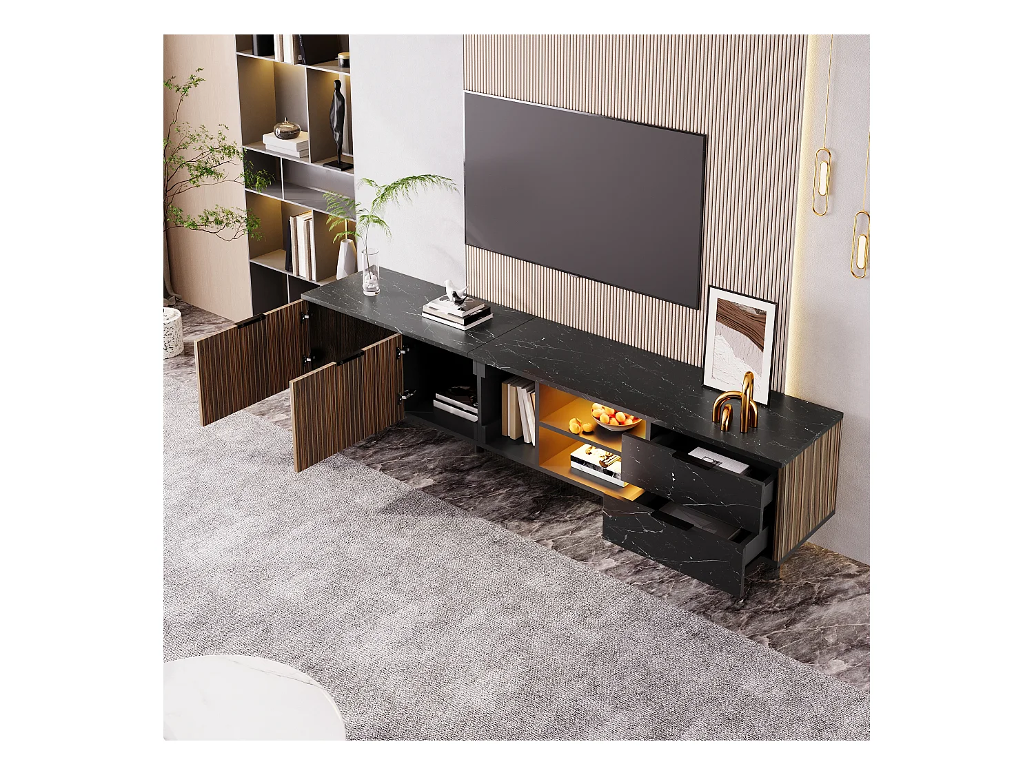 Meuble TV Noir Marmoréen avec Éclairage LED et Rangement, 2 Portes, 2 Tiroirs, MDF (200x38x50cm)