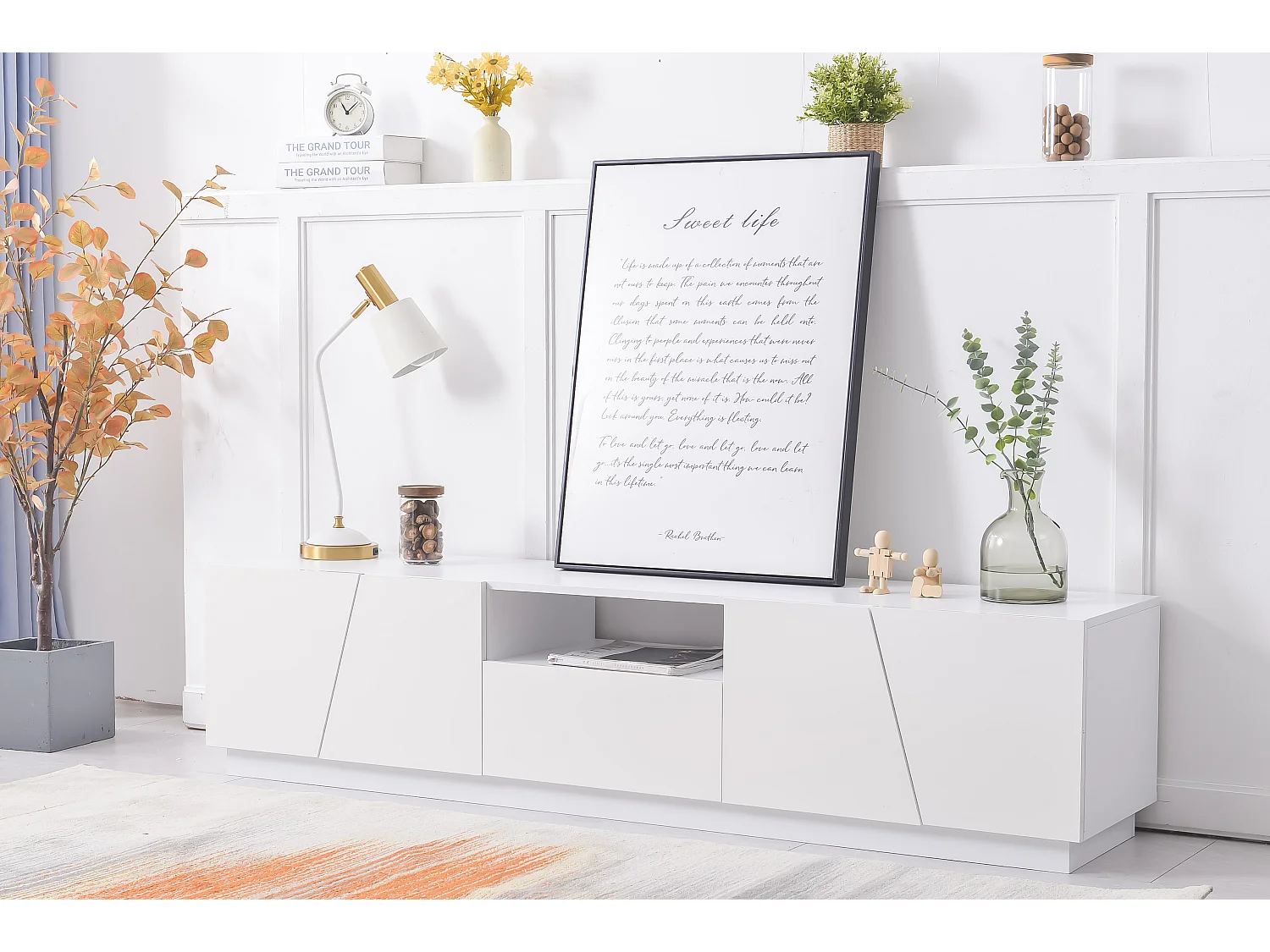 Mueble de TV de 170 cm con diseño patchwork, 2 armarios y 3 compartimentos, MDF blanco, TV de hasta 49 pulgadas (170 x 37 x 42 cm)