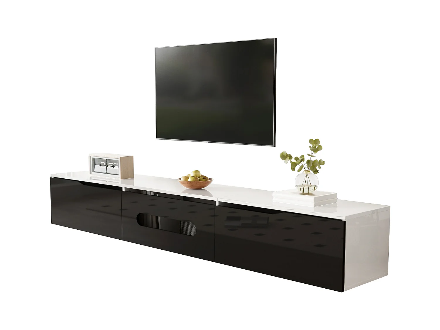 Mueble de TV blanco y negro, 16 colores LED, montaje en pared, diseño moderno, alto brillo, MDF, (180x35x30cm)