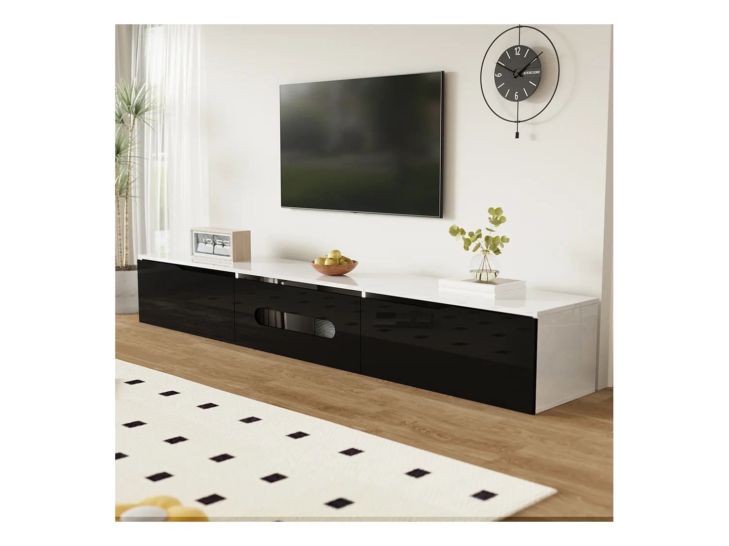 Mueble de TV blanco y negro, 16 colores LED, montaje en pared, diseño moderno, alto brillo, MDF, (180x35x30cm)