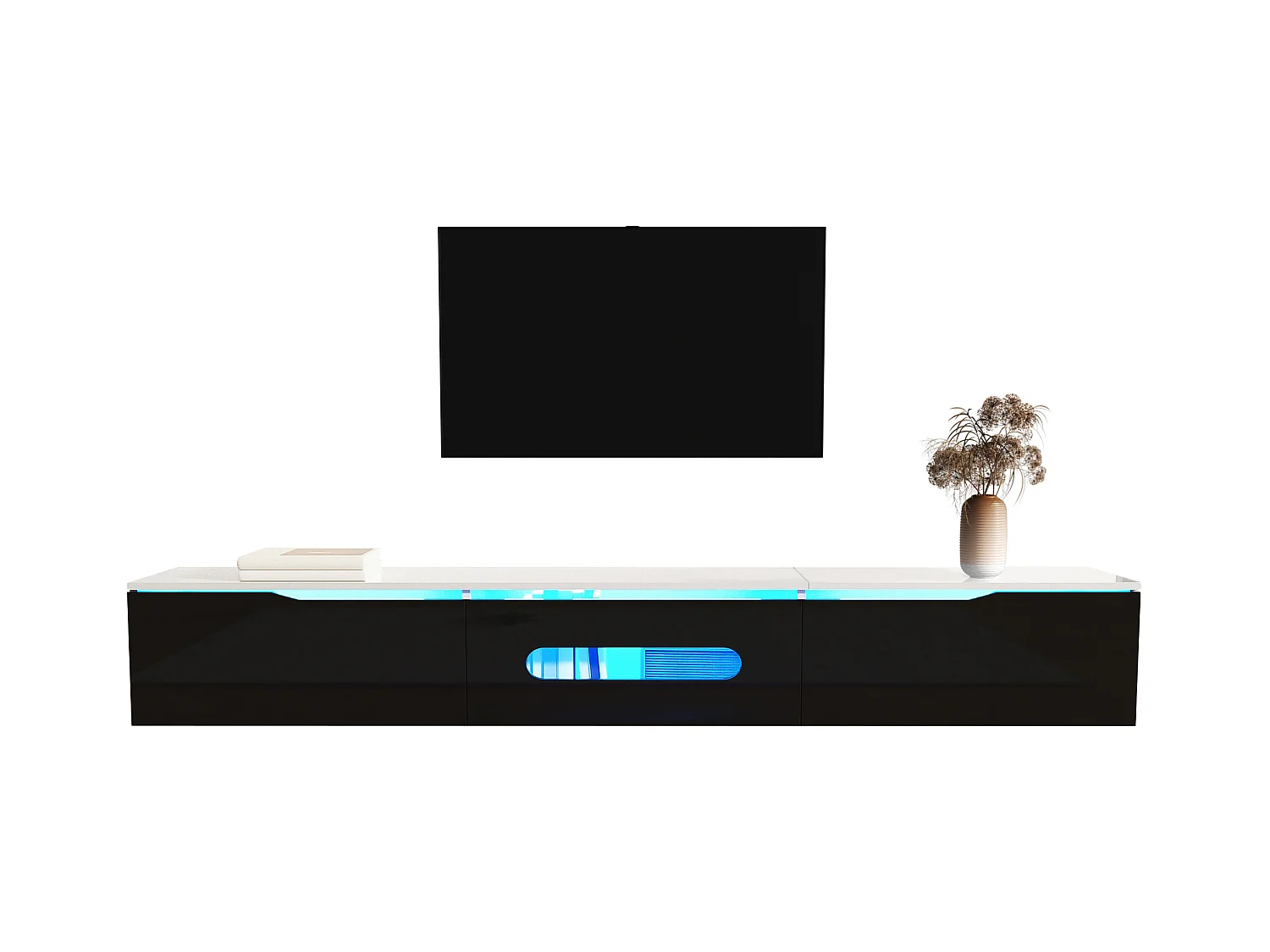 Mueble de TV blanco y negro, 16 colores LED, montaje en pared, diseño moderno, alto brillo, MDF, (180x35x30cm)