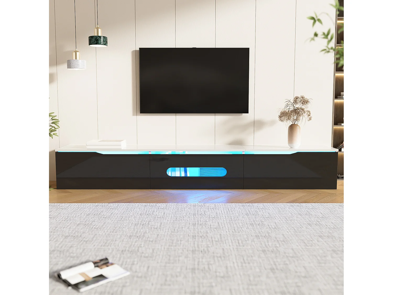Meuble TV noir et blanc, 16 couleurs LED, montage mural, design moderne, haute brillance, MDF, (180x35x30cm)