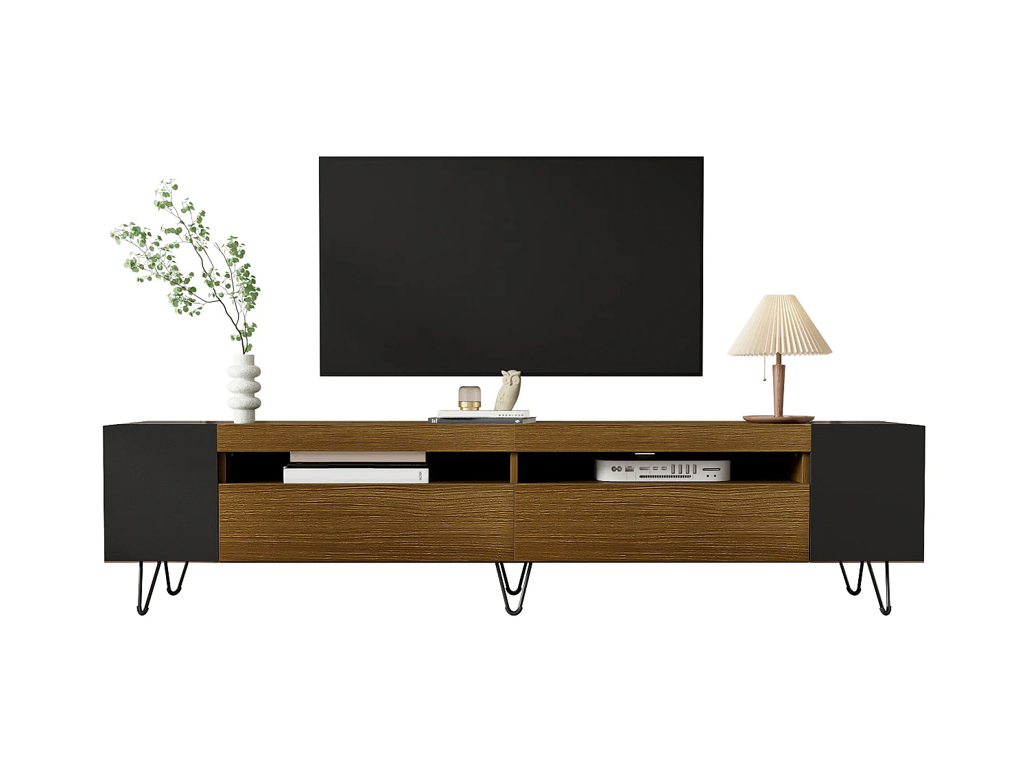 Meuble TV moderne, Lowboard, Noir et Bois, avec tiroirs et portes, design élégant, 175x35x40cm