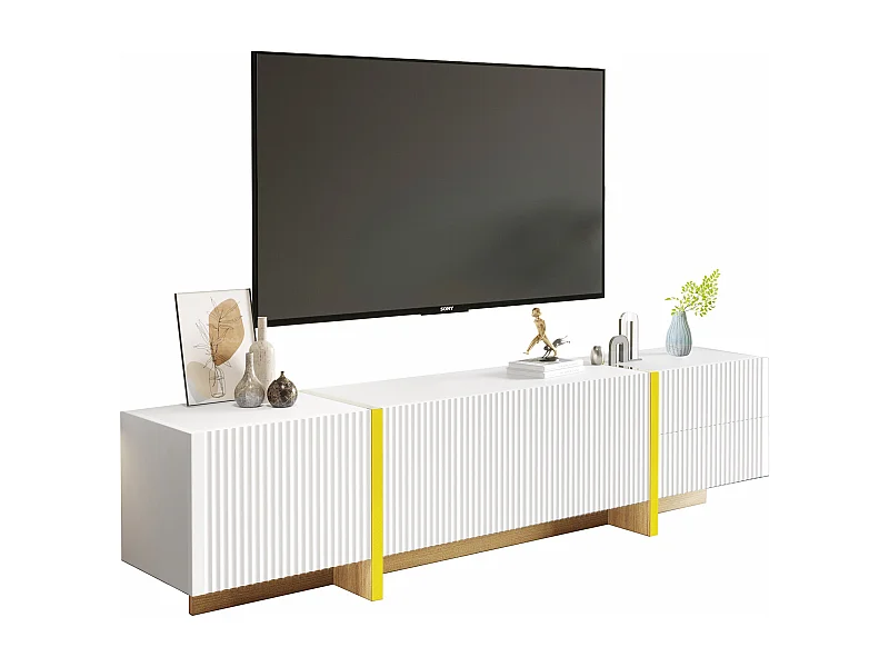 Witte tv-kast met 3 deuren, 2 lades, elegant design in goud en hout (190x35x45cm)