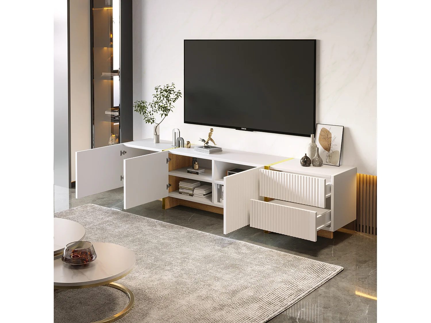 Witte tv-kast met 3 deuren, 2 lades, elegant design in goud en hout (190x35x45cm)