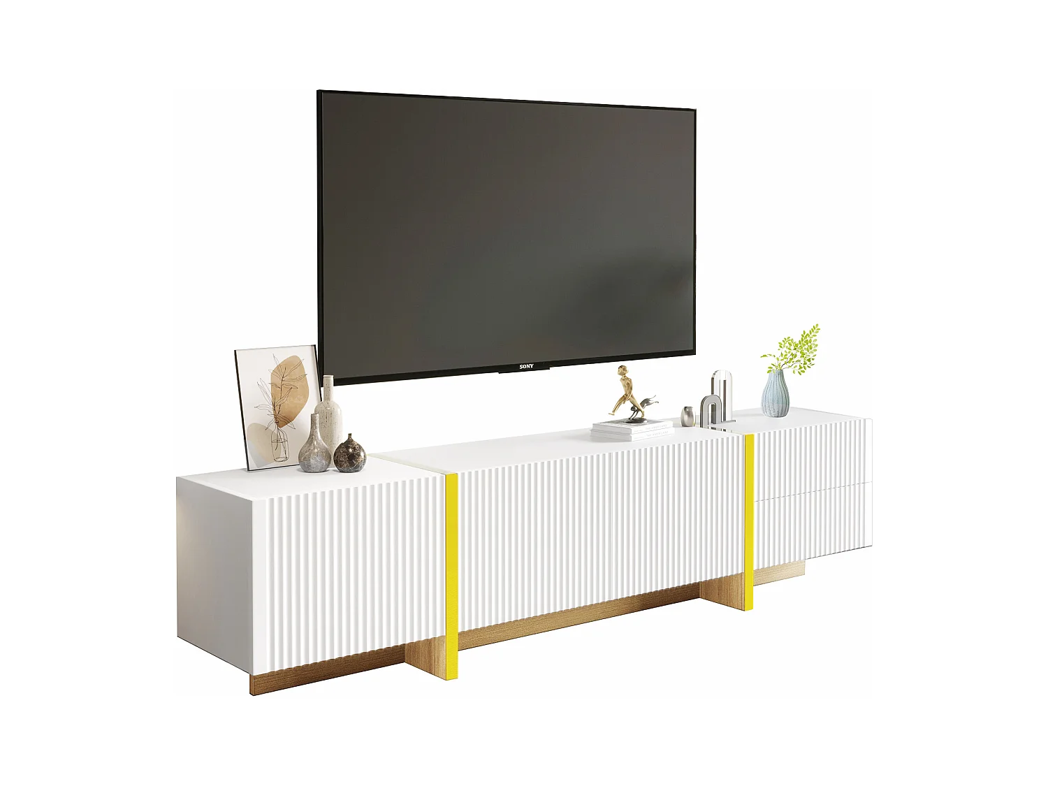 Meuble TV Blanc avec 3 Portes, 2 Tiroirs, Design Élégant en Or et Bois (190x35x45cm)