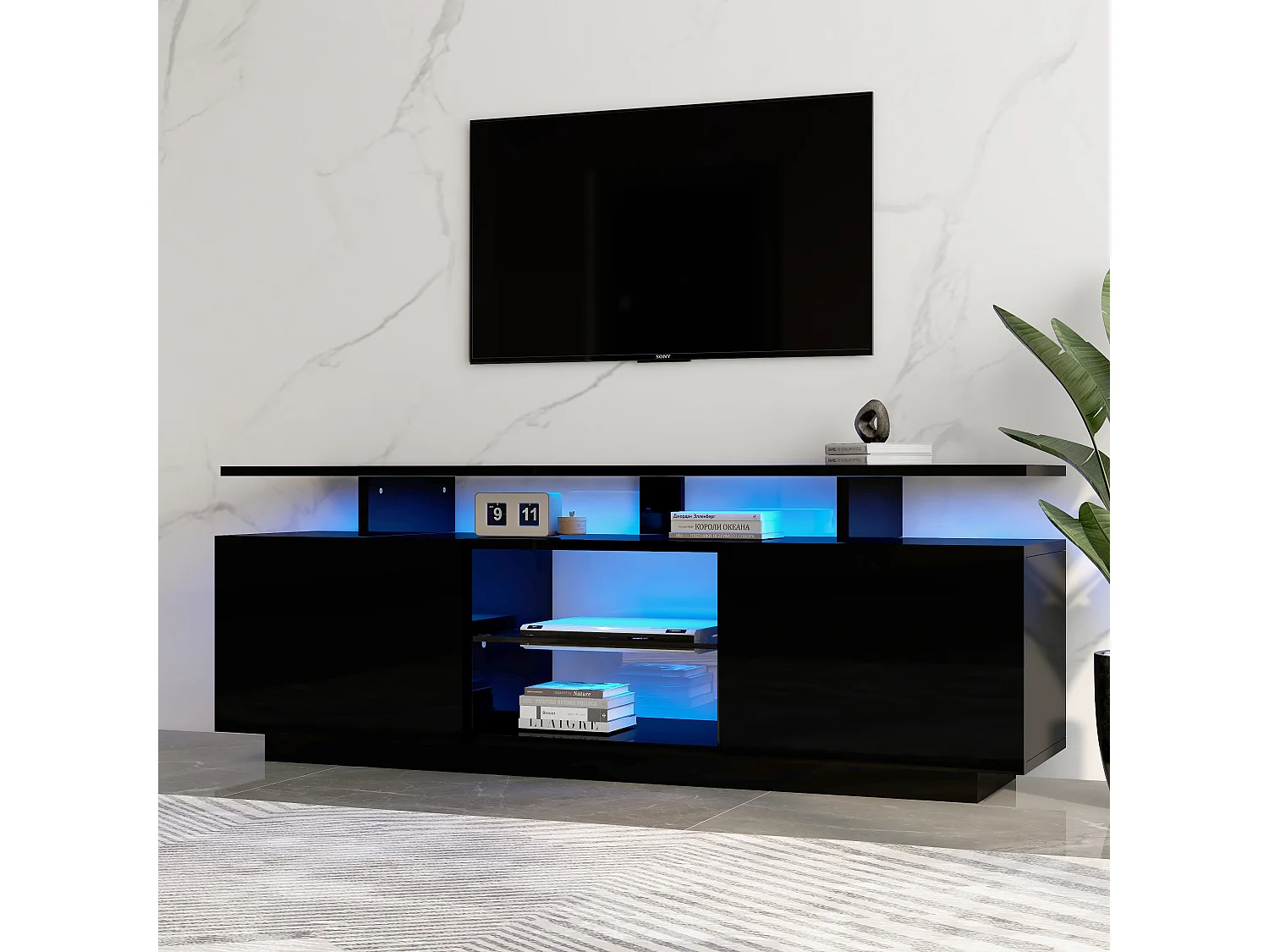 Mueble TV de pared negro con LED, 16 colores, para TV de 60 pulgadas, con 5 compartimentos y puerta de cristal, 140x35x55cm