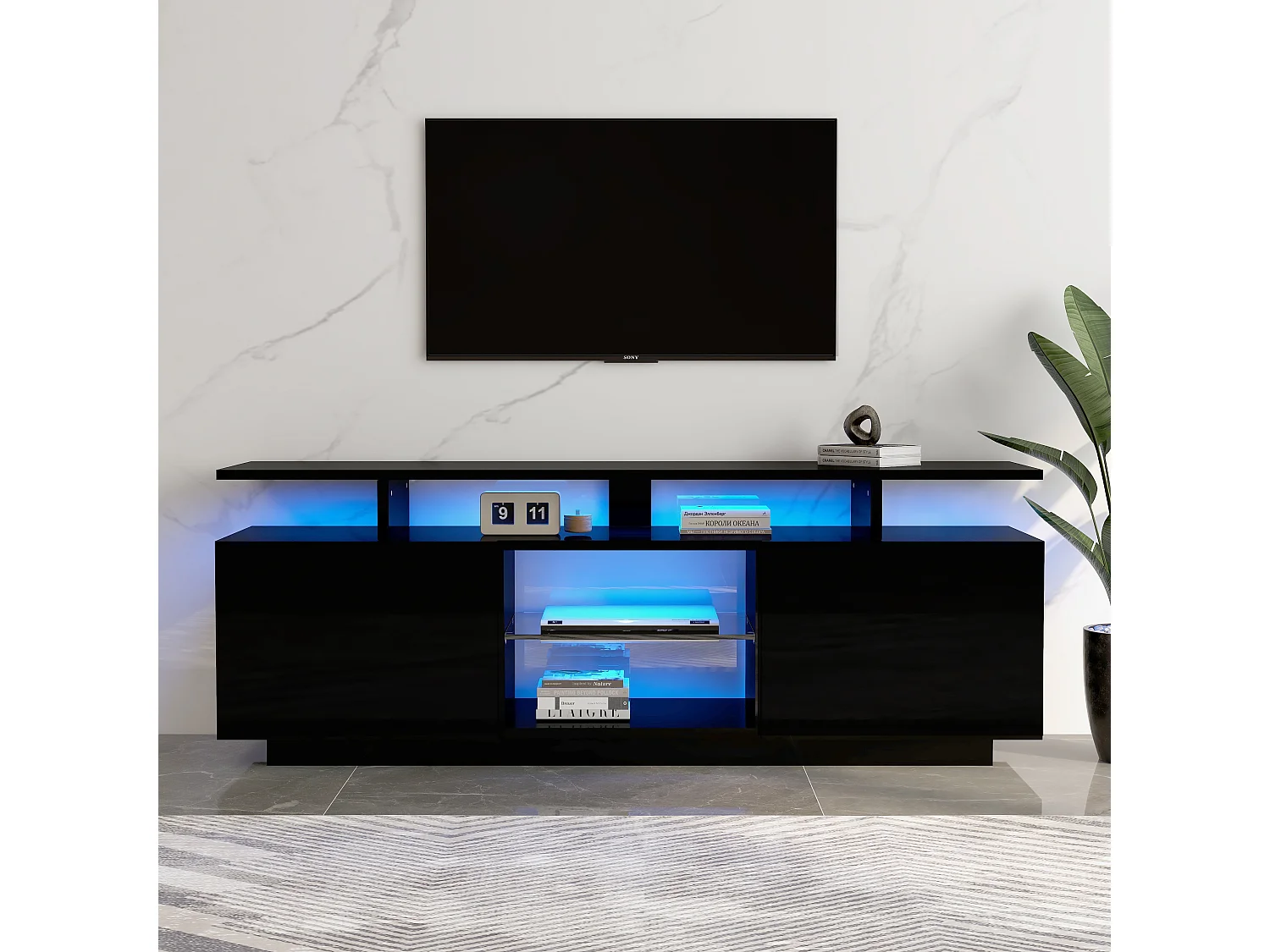 Mueble TV de pared negro con LED, 16 colores, para TV de 60 pulgadas, con 5 compartimentos y puerta de cristal, 140x35x55cm