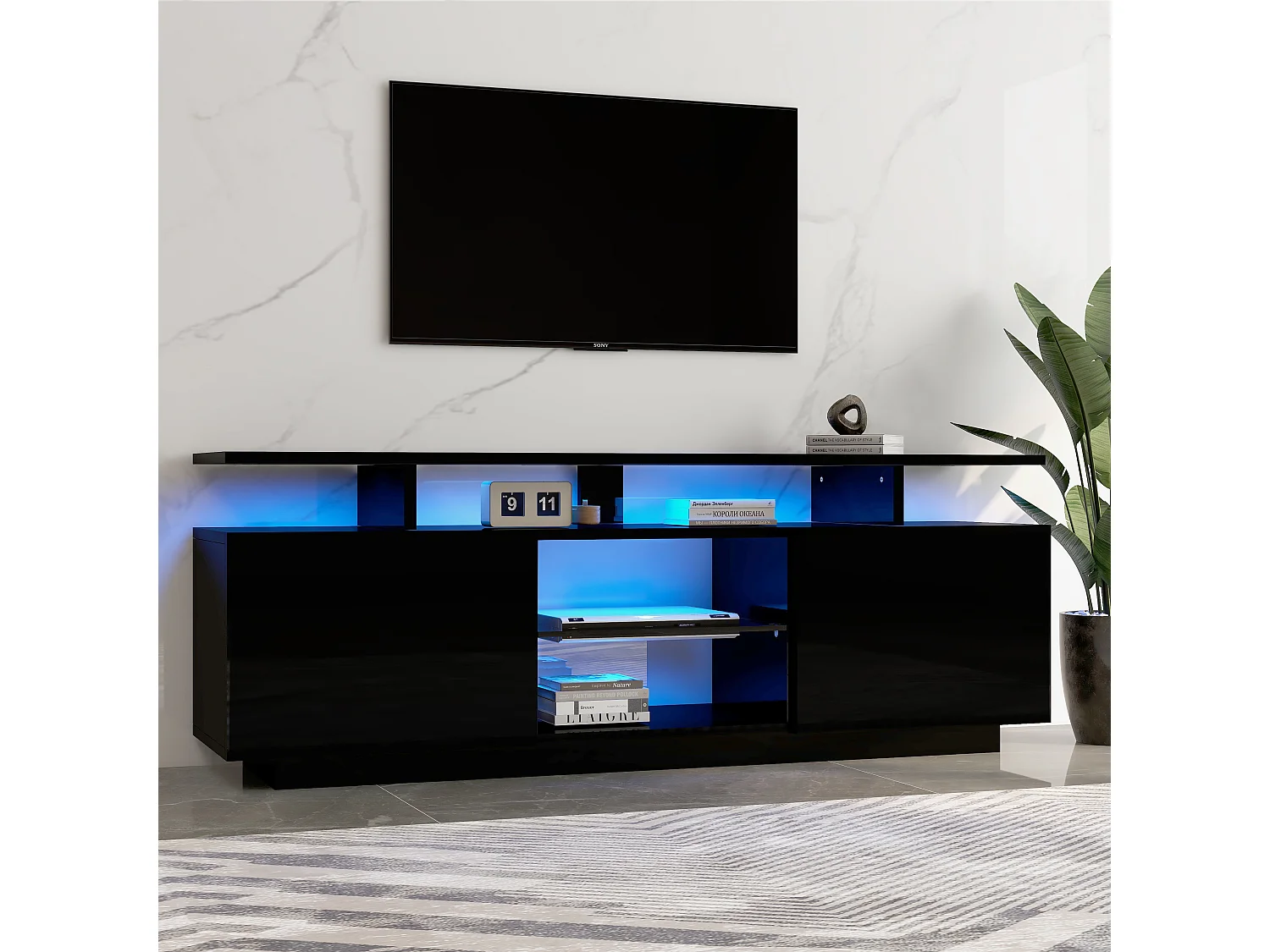 Mueble TV de pared negro con LED, 16 colores, para TV de 60 pulgadas, con 5 compartimentos y puerta de cristal, 140x35x55cm