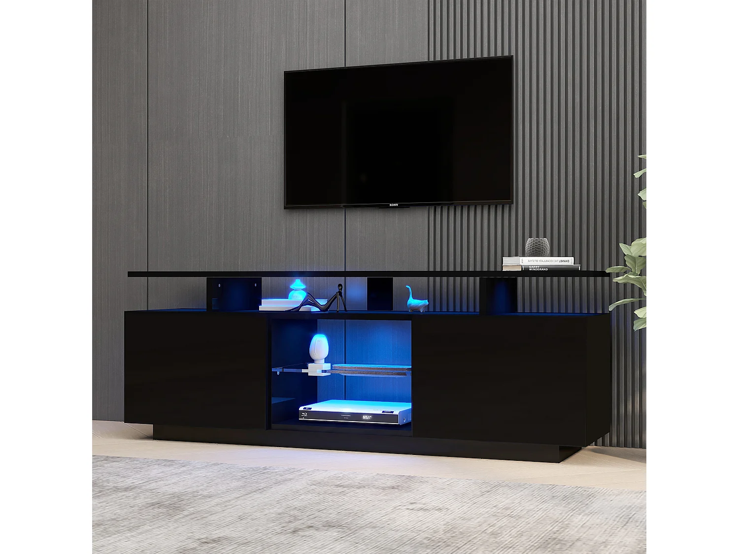 Mueble TV de pared negro con LED, 16 colores, para TV de 60 pulgadas, con 5 compartimentos y puerta de cristal, 140x35x55cm