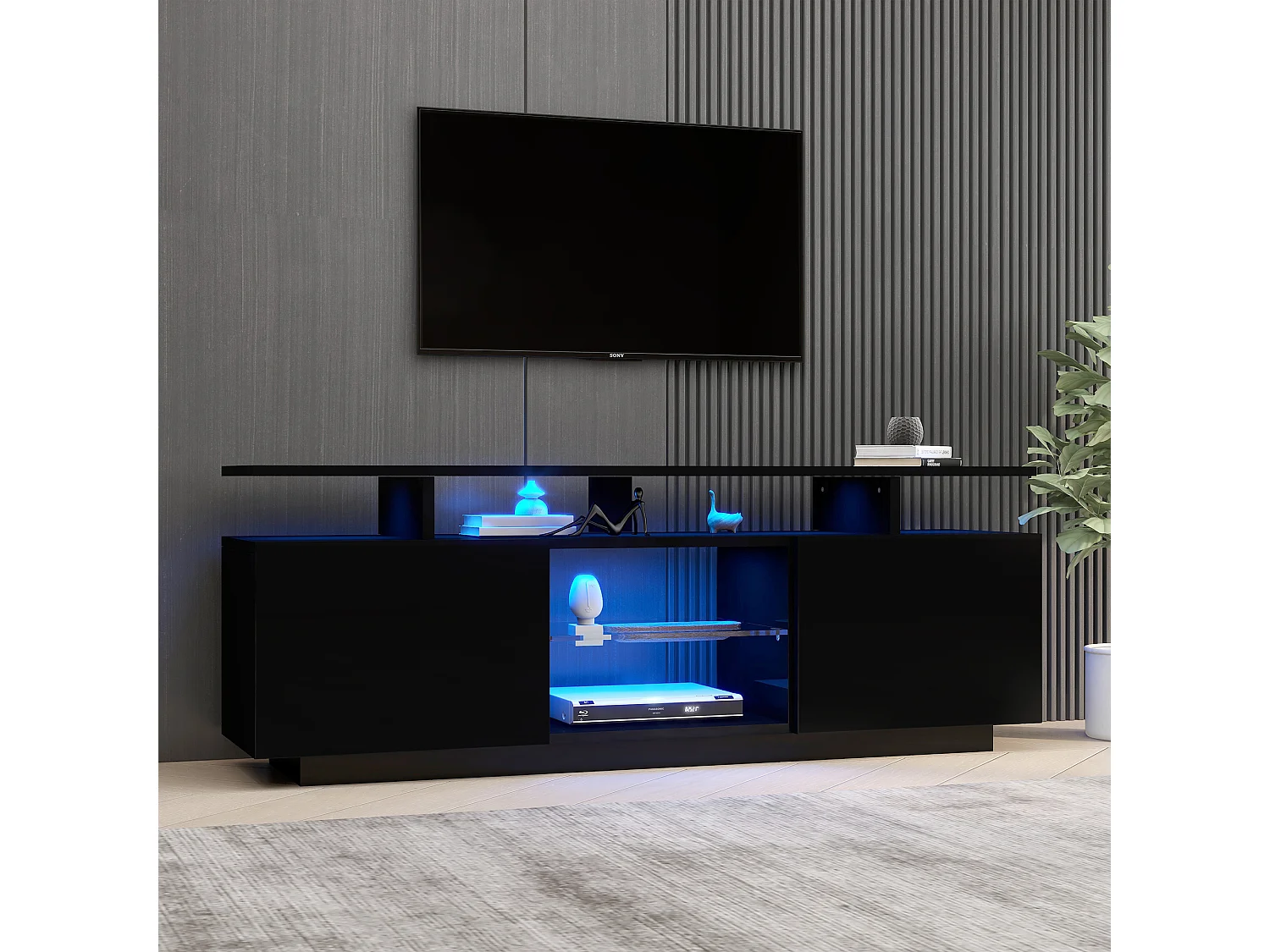 Mueble TV de pared negro con LED, 16 colores, para TV de 60 pulgadas, con 5 compartimentos y puerta de cristal, 140x35x55cm