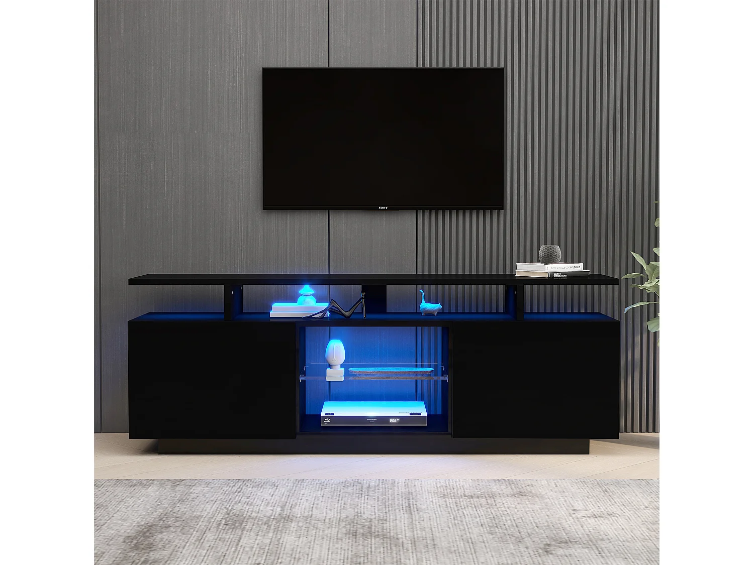 Mueble TV de pared negro con LED, 16 colores, para TV de 60 pulgadas, con 5 compartimentos y puerta de cristal, 140x35x55cm