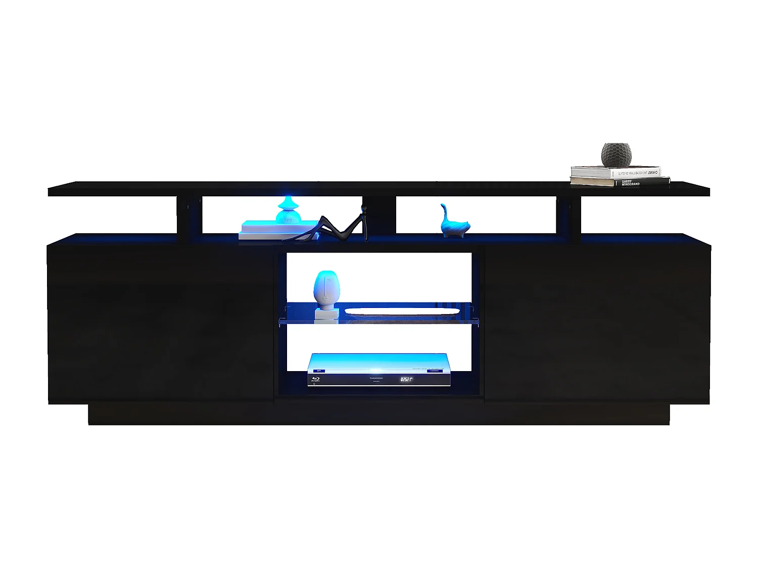 Mueble TV de pared negro con LED, 16 colores, para TV de 60 pulgadas, con 5 compartimentos y puerta de cristal, 140x35x55cm