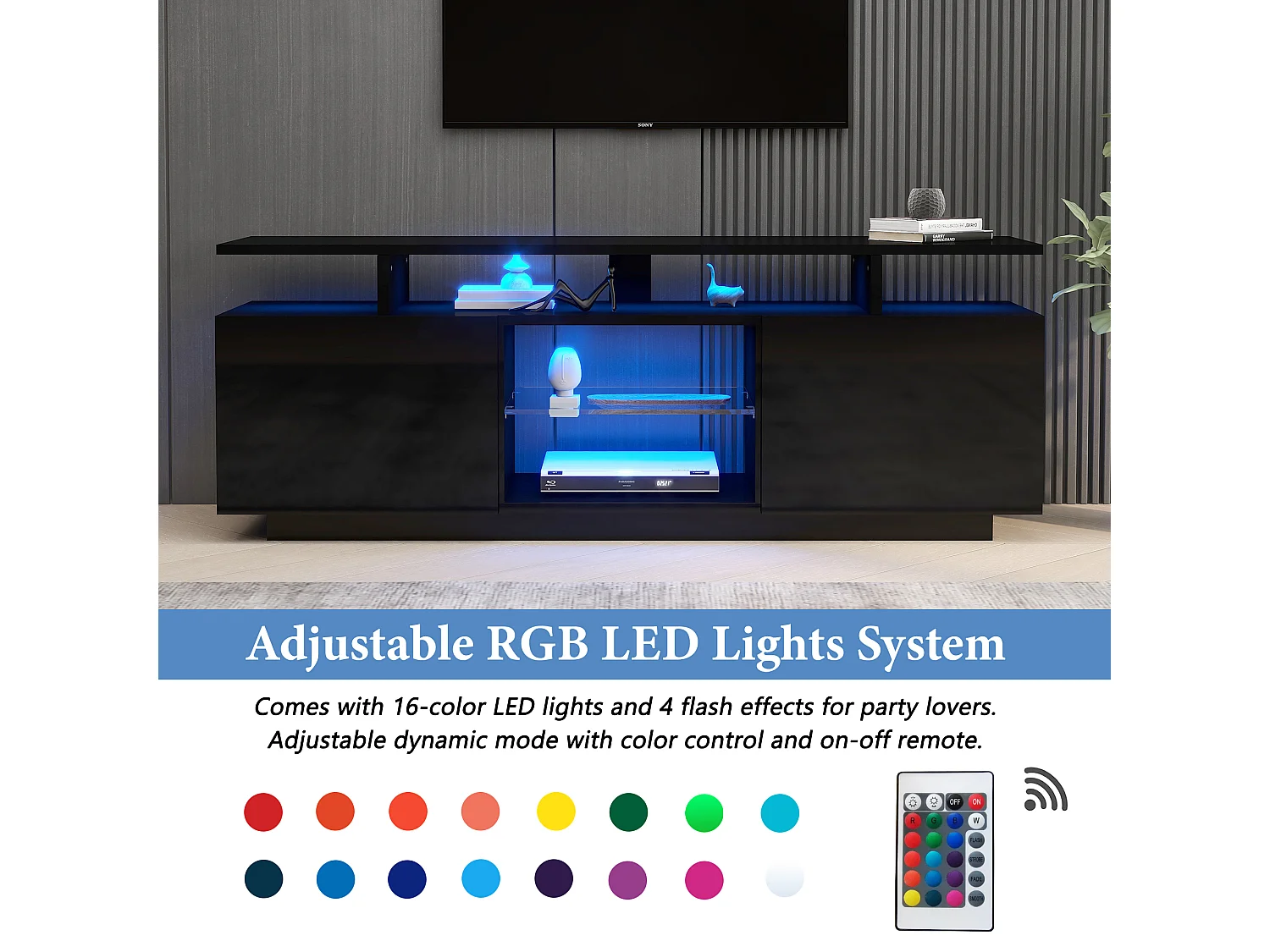 Mueble TV de pared negro con LED, 16 colores, para TV de 60 pulgadas, con 5 compartimentos y puerta de cristal, 140x35x55cm