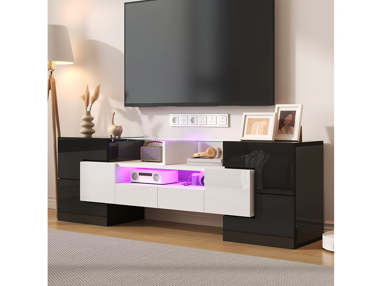 Mueble de TV con LED, diseño moderno, lacado en blanco y hormigón, con espacio de almacenaje, (145x30x51cm)