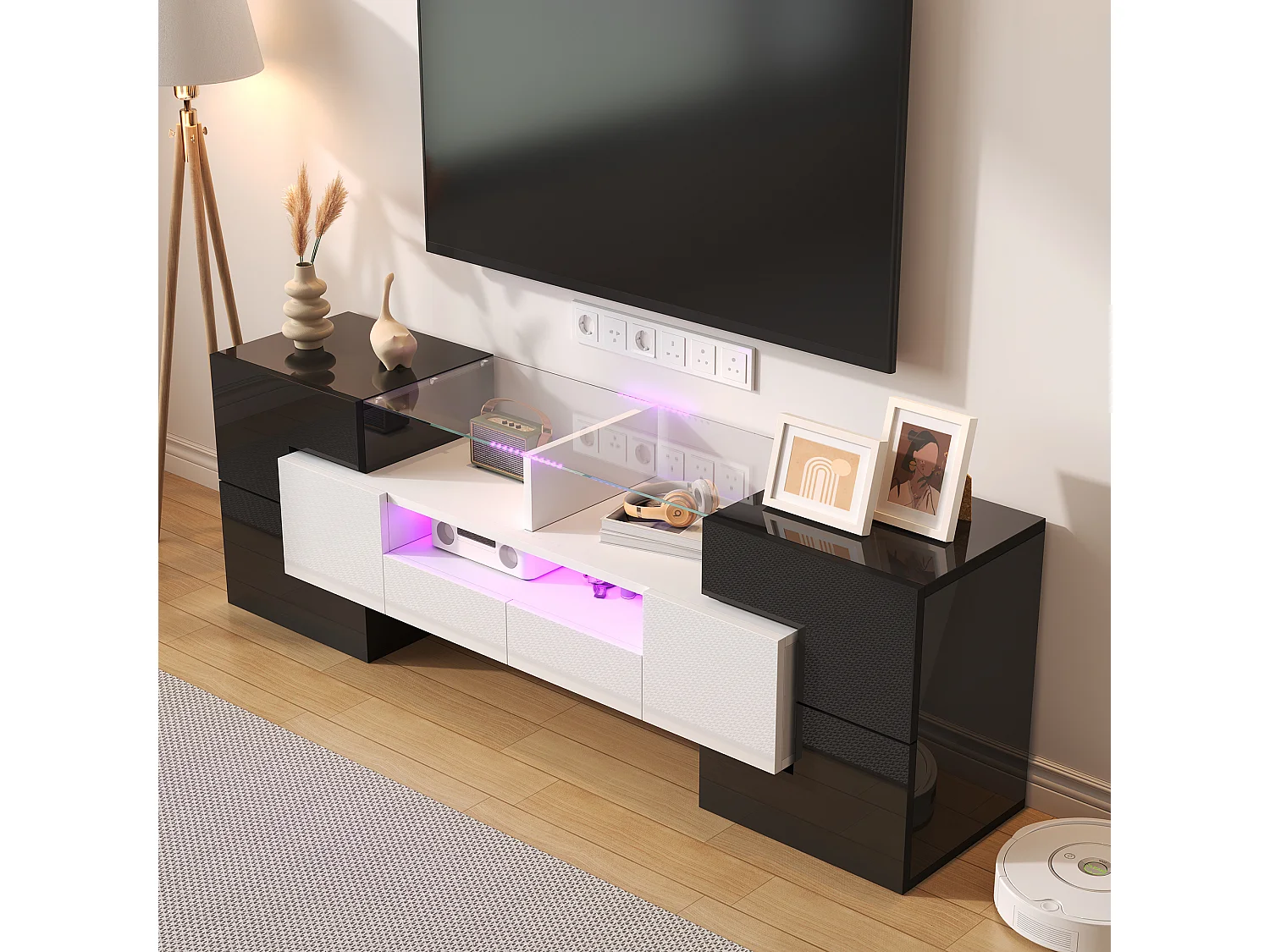 Mueble de TV con LED, diseño moderno, lacado en blanco y hormigón, con espacio de almacenaje, (145x30x51cm)