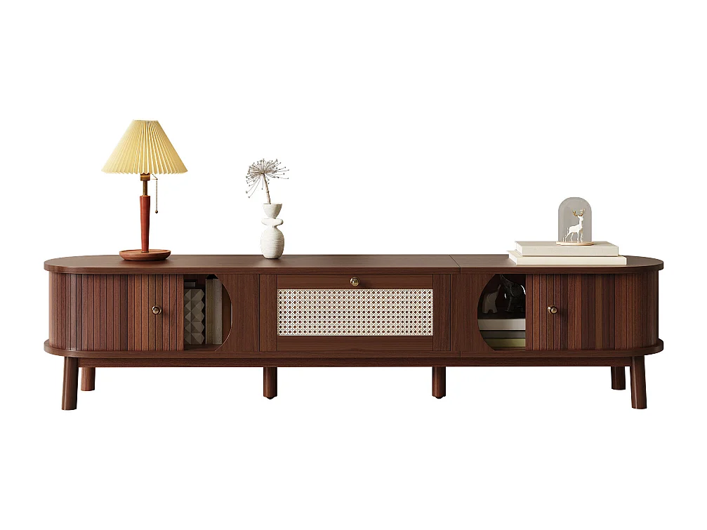 Meuble TV en Bois Naturel et Rattan, Design Rustique avec Portes en Bois Massif et Tiroirs en Rattan (170x39.5x38cm)