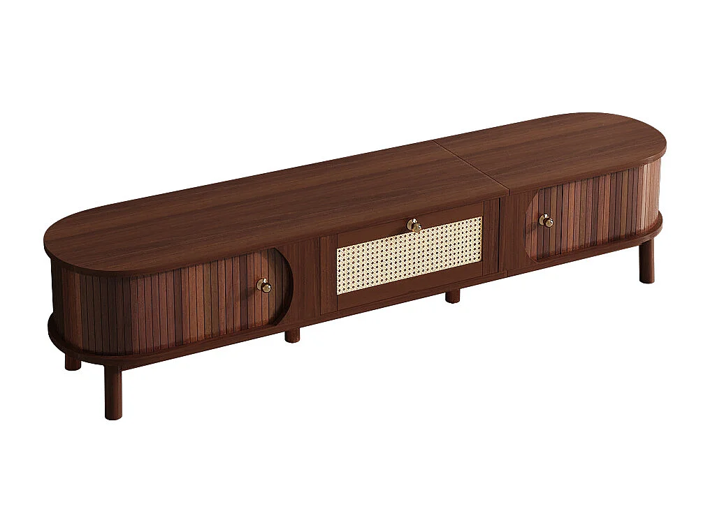 Meuble TV en Bois Naturel et Rattan, Design Rustique avec Portes en Bois Massif et Tiroirs en Rattan (170x39.5x38cm)