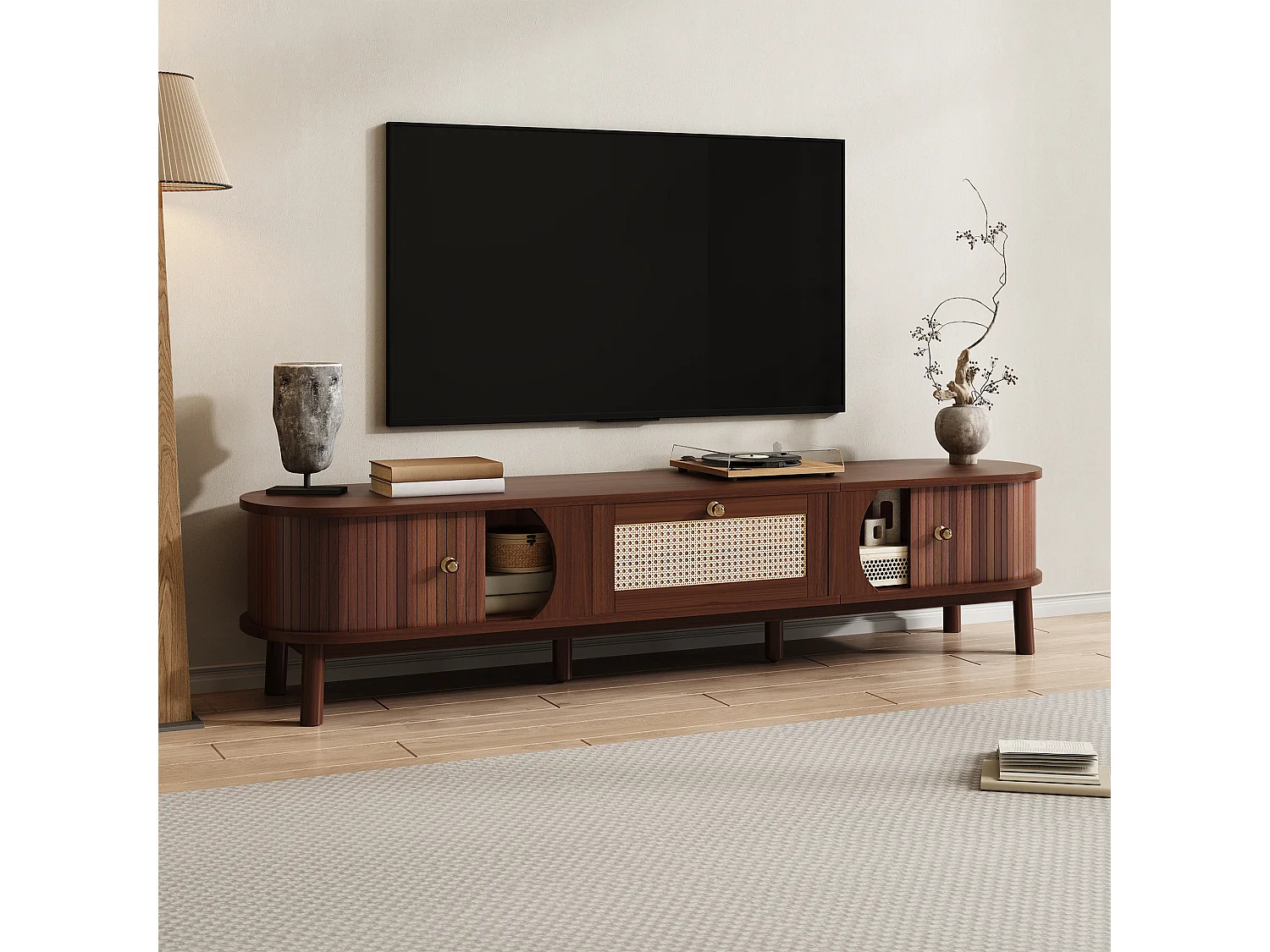 Meuble TV en Bois Naturel et Rattan, Design Rustique avec Portes en Bois Massif et Tiroirs en Rattan (170x39.5x38cm)