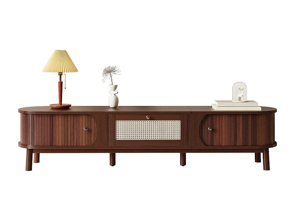 Tv-meubel van natuurlijk hout en rotan, rustiek design met massief houten deuren en rotan lades (170x39,5x38cm)