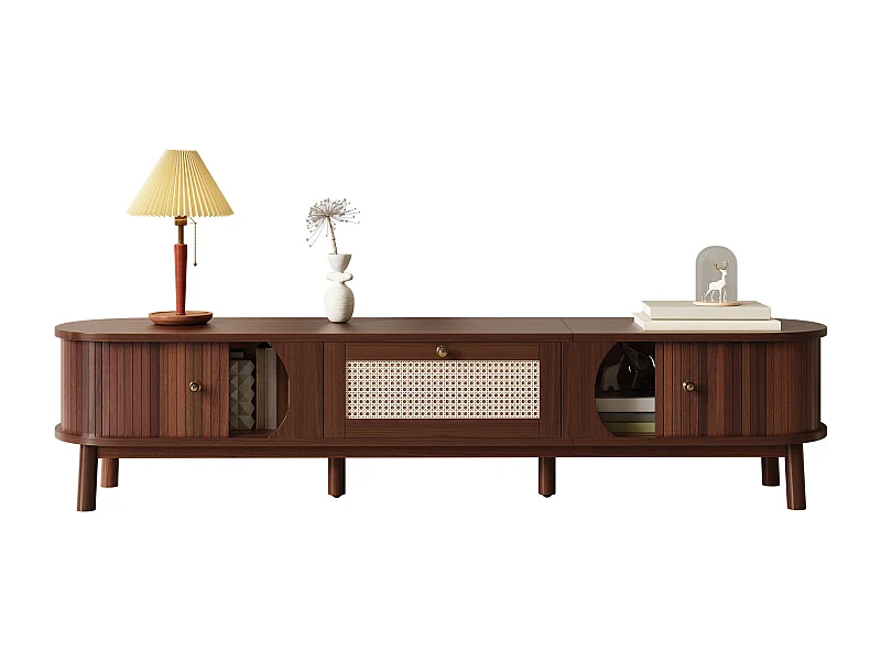 Tv-meubel van natuurlijk hout en rotan, rustiek design met massief houten deuren en rotan lades (170x39,5x38cm)