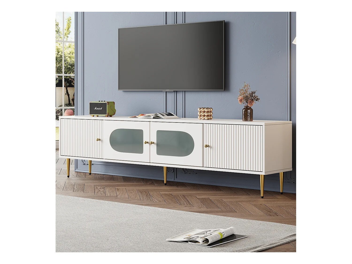 Meuble TV 170cm, 4 portes, Design élégant, Blanc avec pieds et poignées dorées, Bois (170x35x50cm)