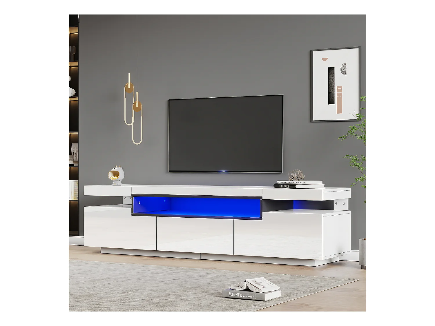 Meuble TV laqué blanc avec LED, 3 tiroirs, pour téléviseurs jusqu'à 70 pouces, MDF, blanc (160x39x42cm)