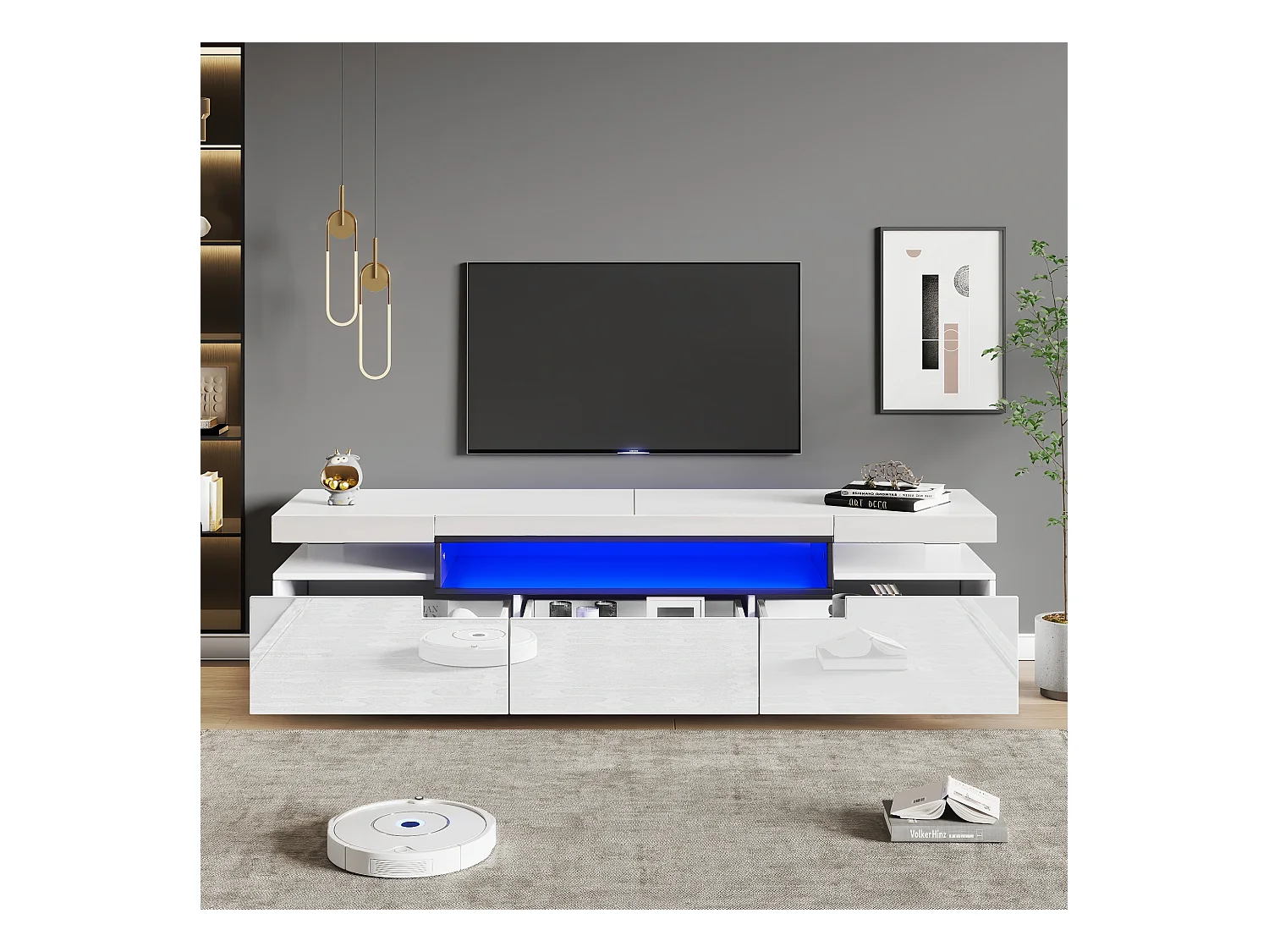 Meuble TV laqué blanc avec LED, 3 tiroirs, pour téléviseurs jusqu'à 70 pouces, MDF, blanc (160x39x42cm)