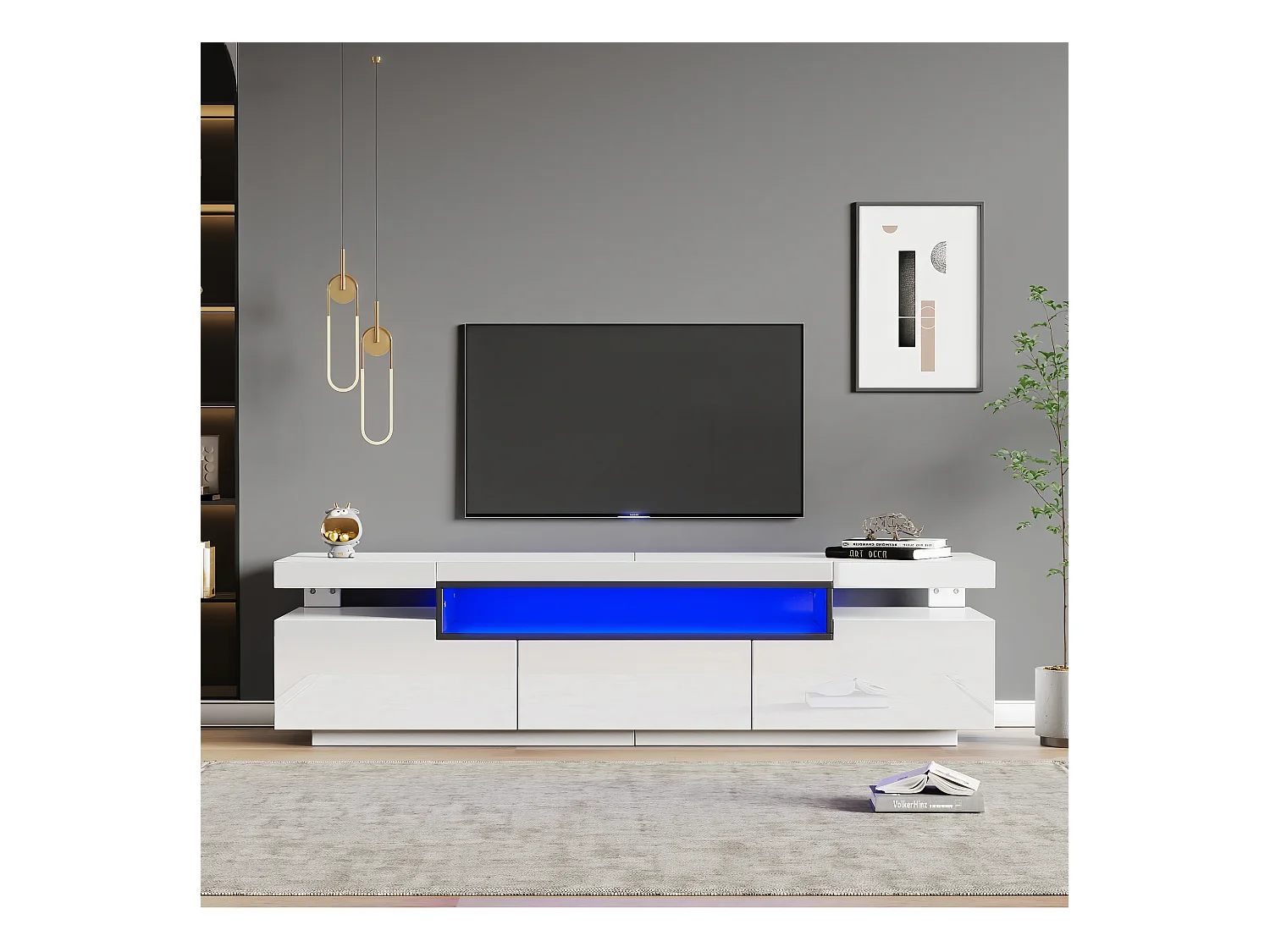 Meuble TV laqué blanc avec LED, 3 tiroirs, pour téléviseurs jusqu'à 70 pouces, MDF, blanc (160x39x42cm)