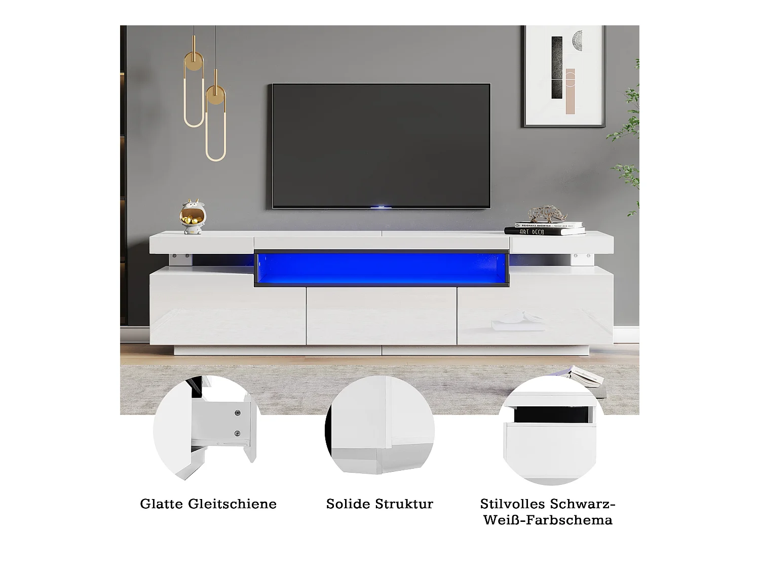 Meuble TV laqué blanc avec LED, 3 tiroirs, pour téléviseurs jusqu'à 70 pouces, MDF, blanc (160x39x42cm)