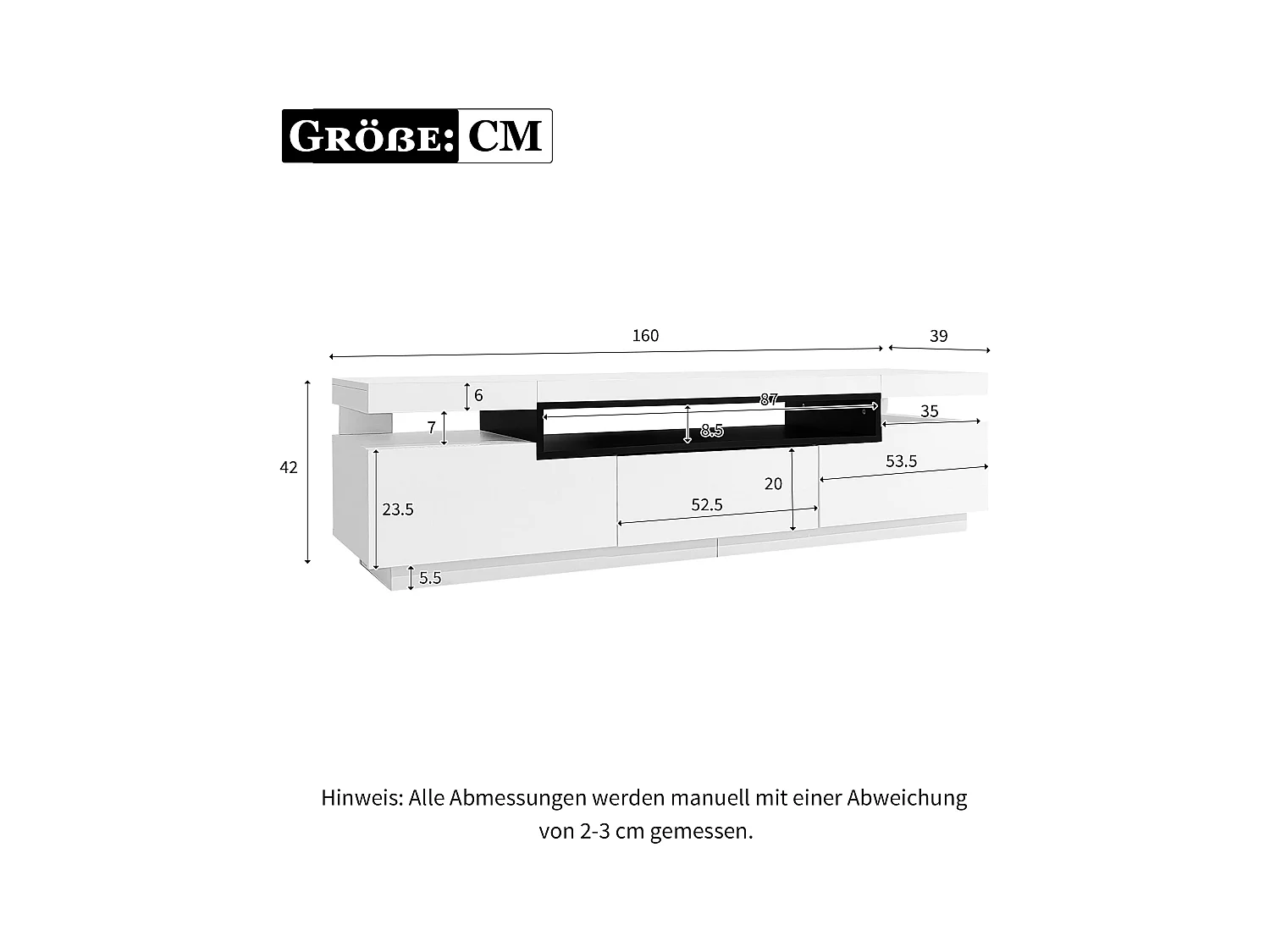 Meuble TV laqué blanc avec LED, 3 tiroirs, pour téléviseurs jusqu'à 70 pouces, MDF, blanc (160x39x42cm)
