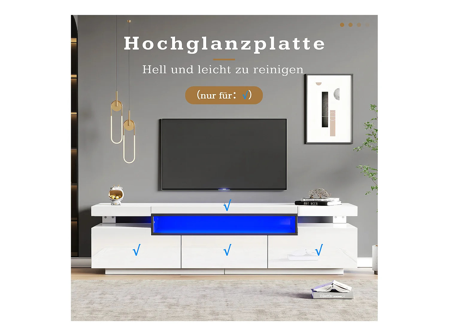 Meuble TV laqué blanc avec LED, 3 tiroirs, pour téléviseurs jusqu'à 70 pouces, MDF, blanc (160x39x42cm)