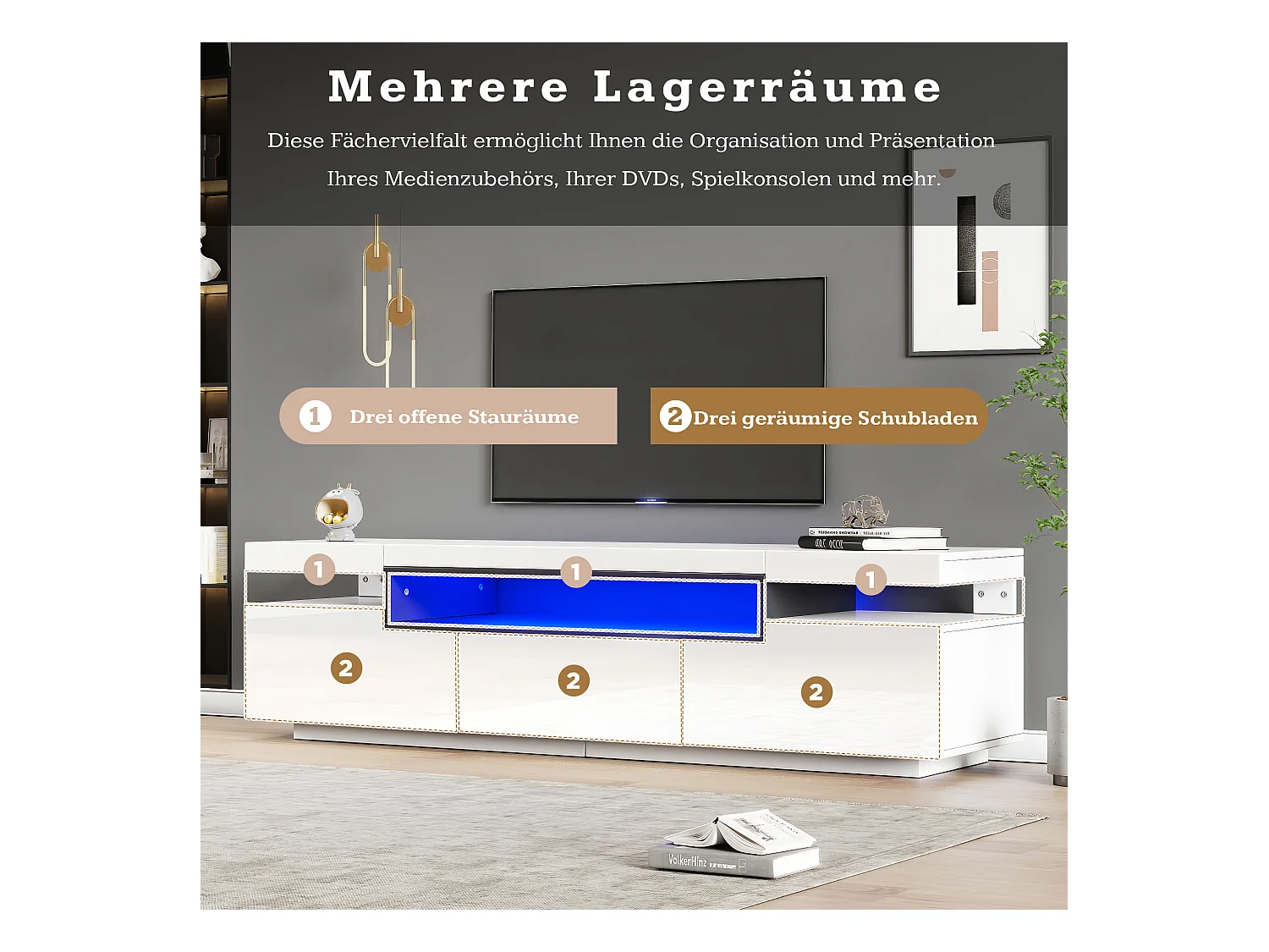 Meuble TV laqué blanc avec LED, 3 tiroirs, pour téléviseurs jusqu'à 70 pouces, MDF, blanc (160x39x42cm)