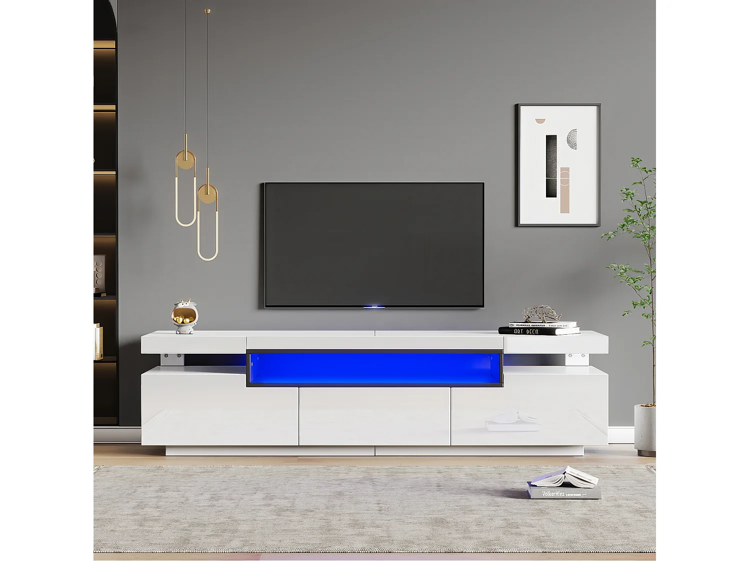 Meuble TV laqué blanc avec LED, 3 tiroirs, pour téléviseurs jusqu'à 70 pouces, MDF, blanc (160x39x42cm)