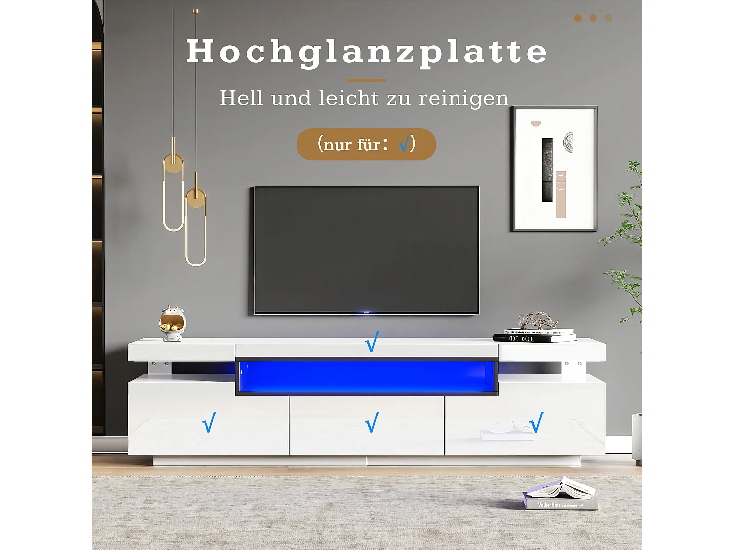 Meuble TV laqué blanc avec LED, 3 tiroirs, pour téléviseurs jusqu'à 70 pouces, MDF, blanc (160x39x42cm)