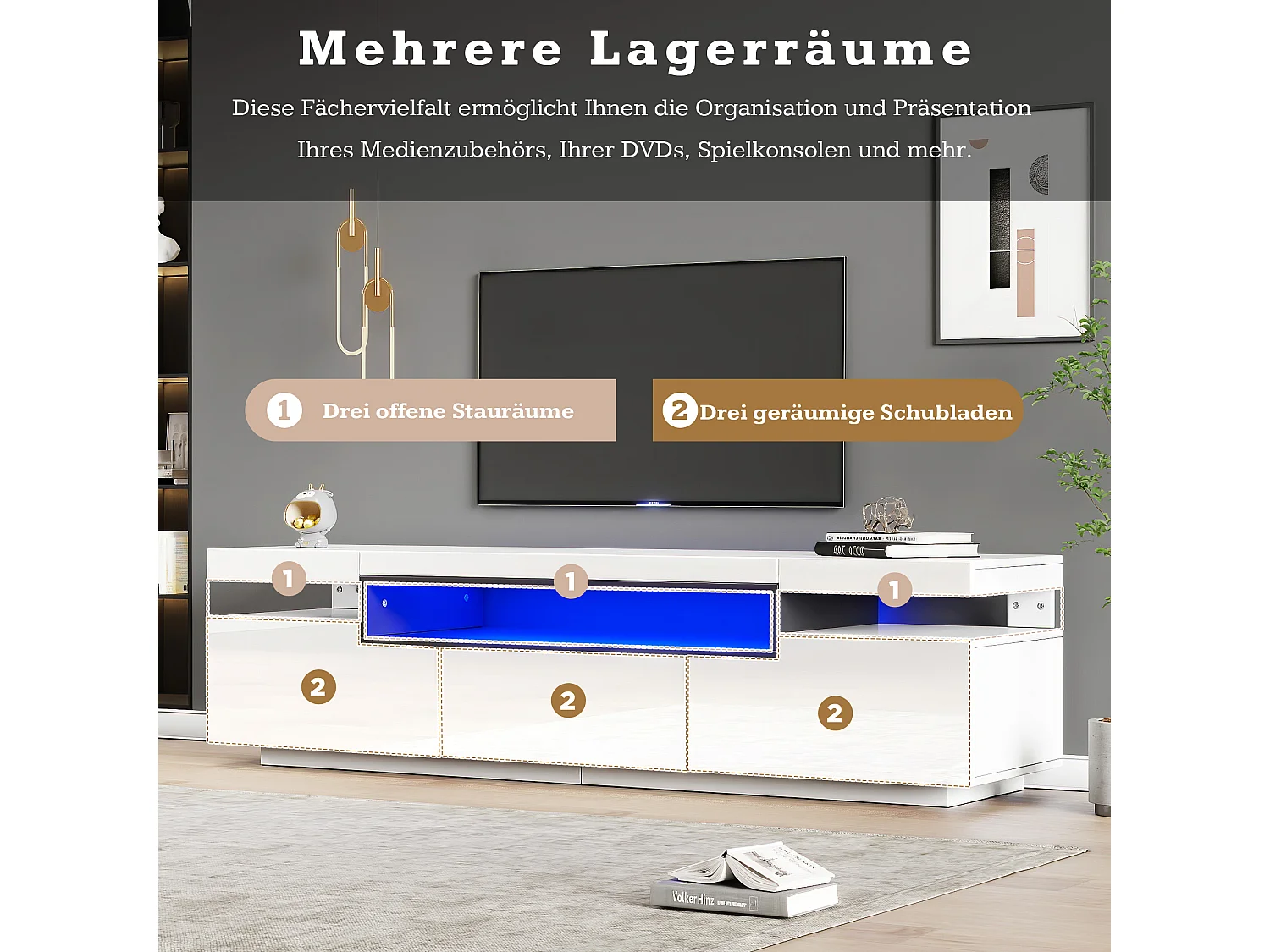 Meuble TV laqué blanc avec LED, 3 tiroirs, pour téléviseurs jusqu'à 70 pouces, MDF, blanc (160x39x42cm)