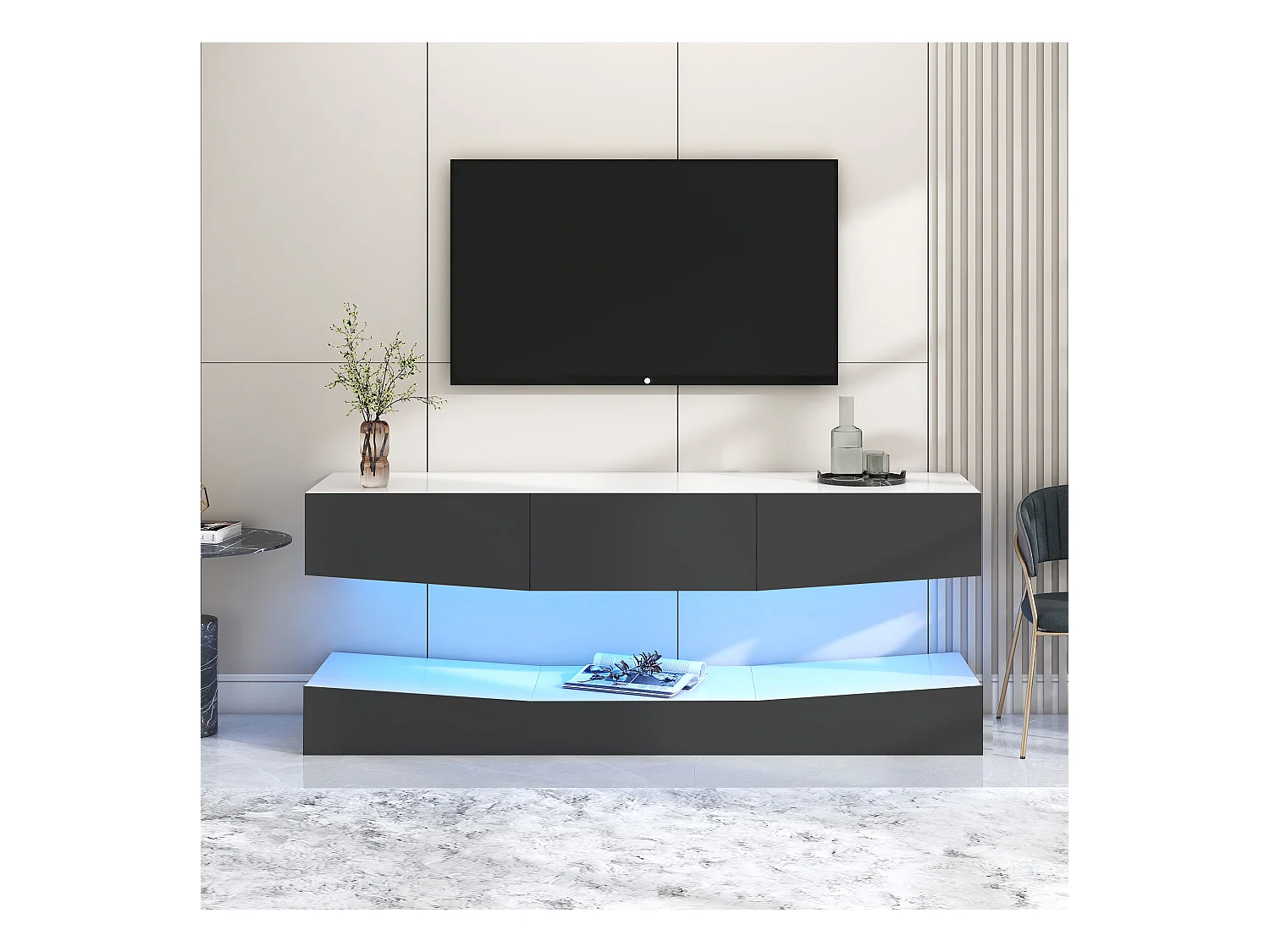 Meuble TV mural avec LED, support flottant, pour TV 70-79 pouces, gris, 180x40x50cm