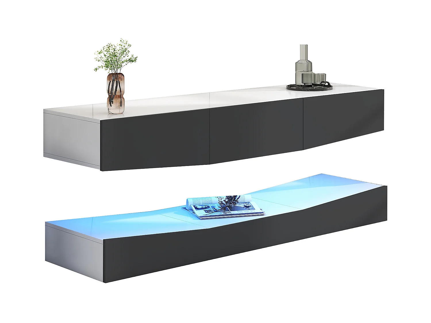 Meuble TV mural avec LED, support flottant, pour TV 70-79 pouces, gris, 180x40x50cm