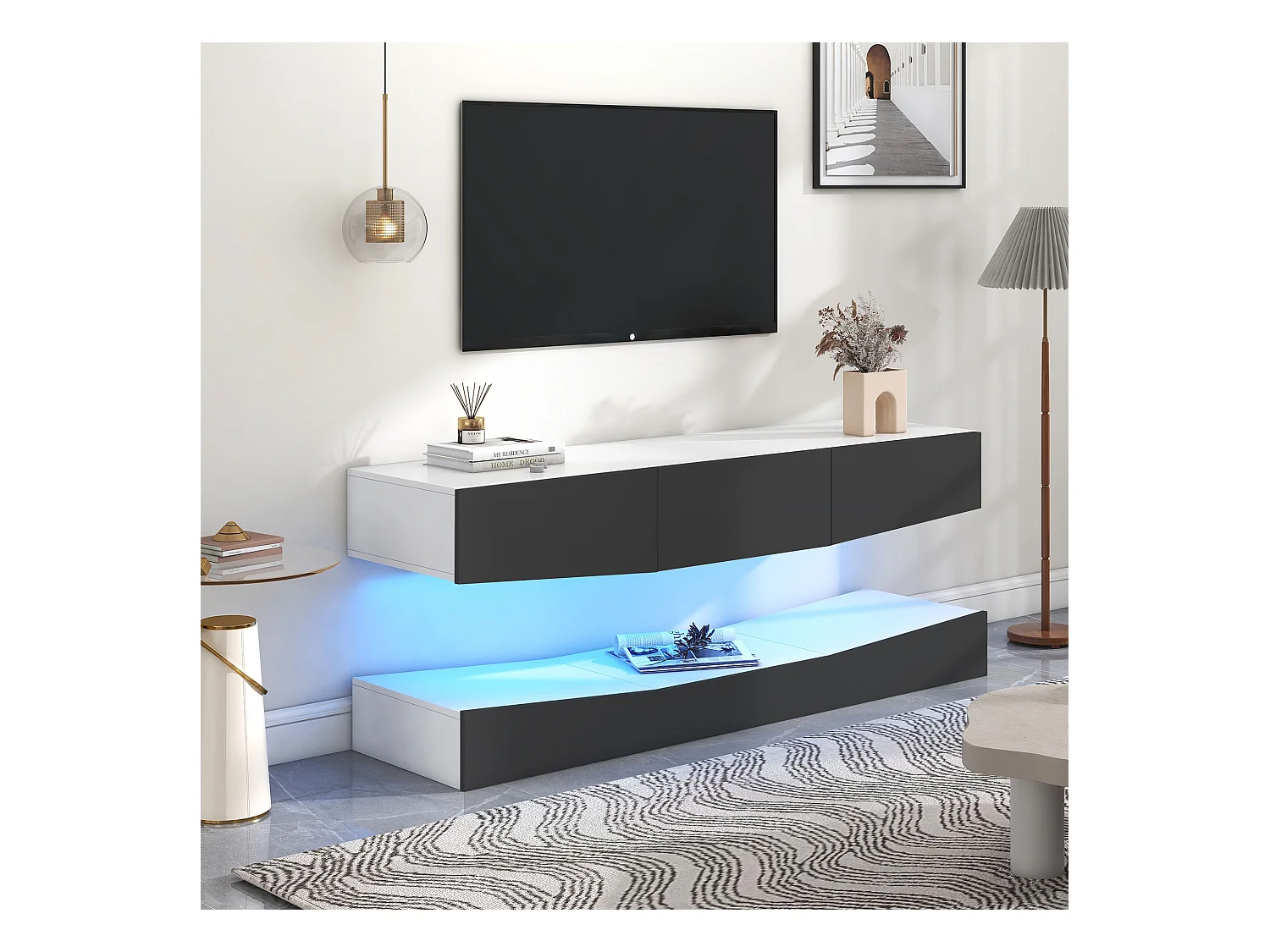 Meuble TV mural avec LED, support flottant, pour TV 70-79 pouces, gris, 180x40x50cm