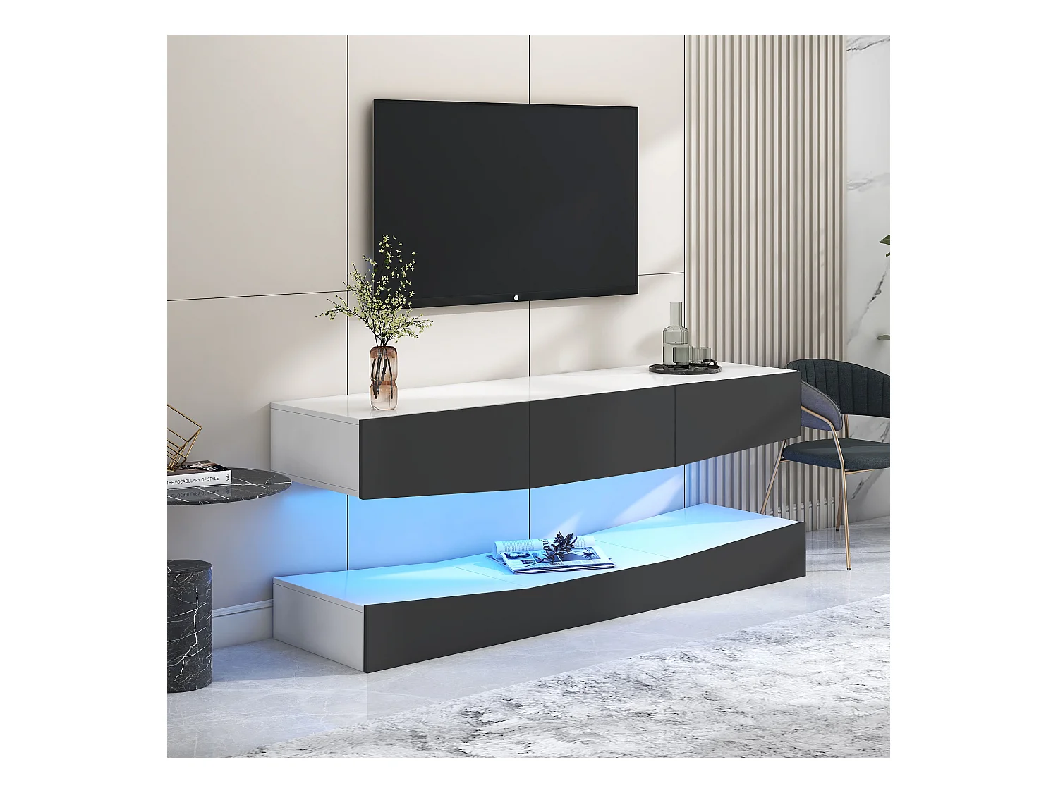 Meuble TV mural avec LED, support flottant, pour TV 70-79 pouces, gris, 180x40x50cm